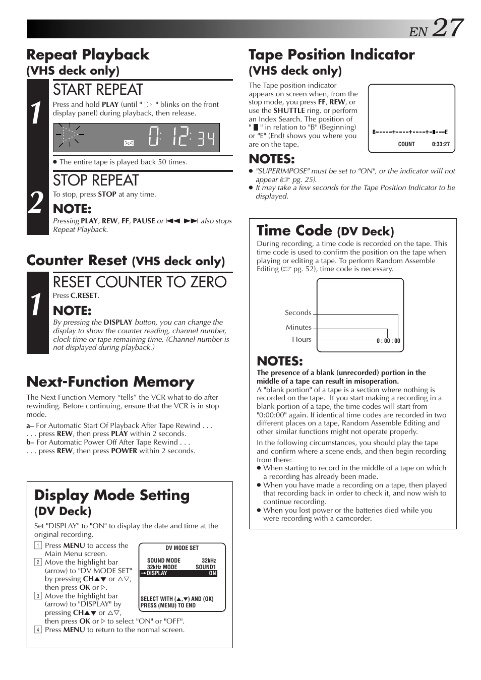 Start repeat, Stop repeat, Reset counter to zero | Repeat playback, Tape position indicator, Counter reset, Display mode setting, Time code, Vhs deck only), Dv deck) | JVC SR-VS10U User Manual | Page 27 / 80