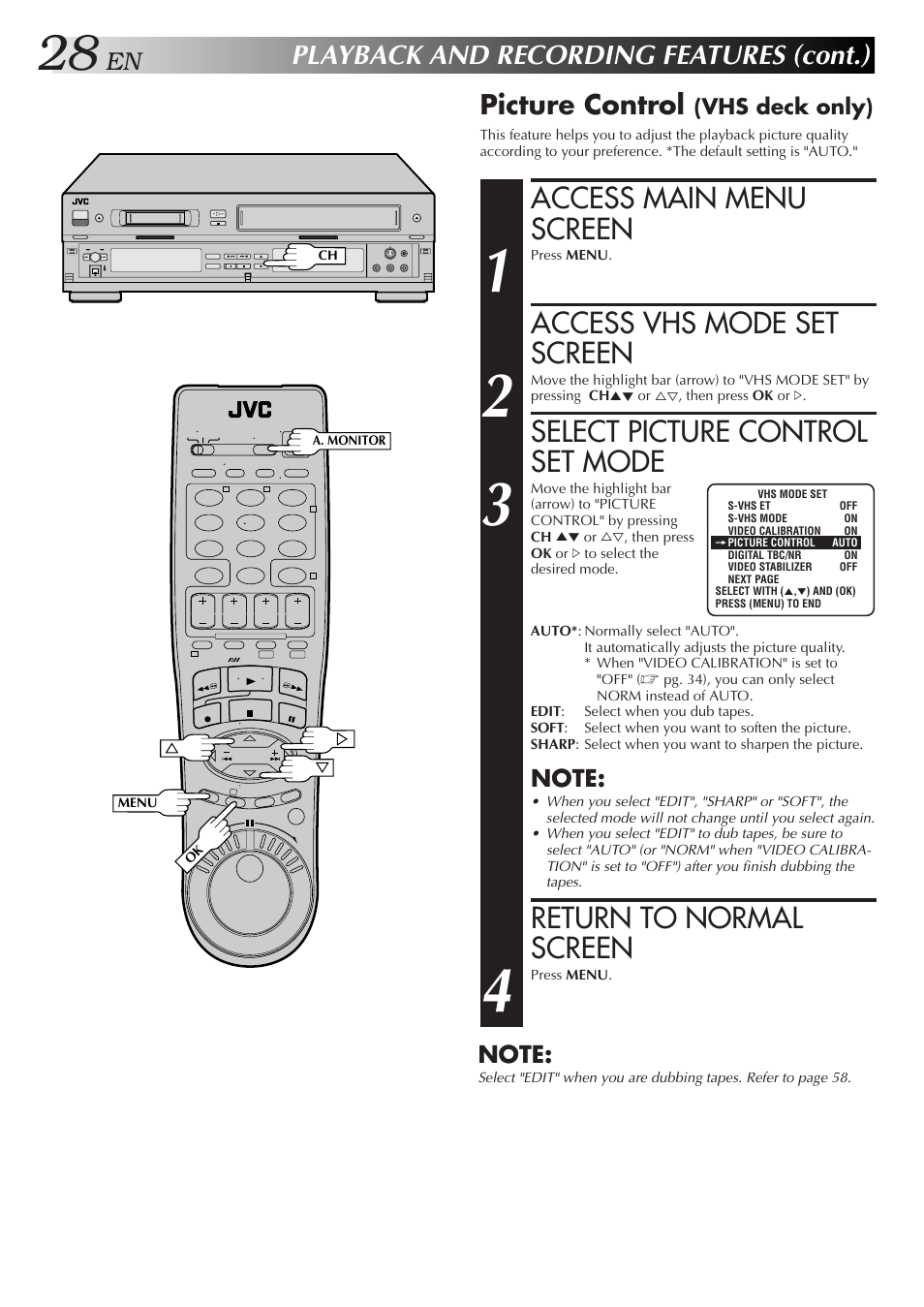 Access main menu screen, Access vhs mode set screen, Select picture control set mode | Return to normal screen, Playback and recording features (cont.), Picture control, Vhs deck only) | JVC SR-VS10U User Manual | Page 28 / 80