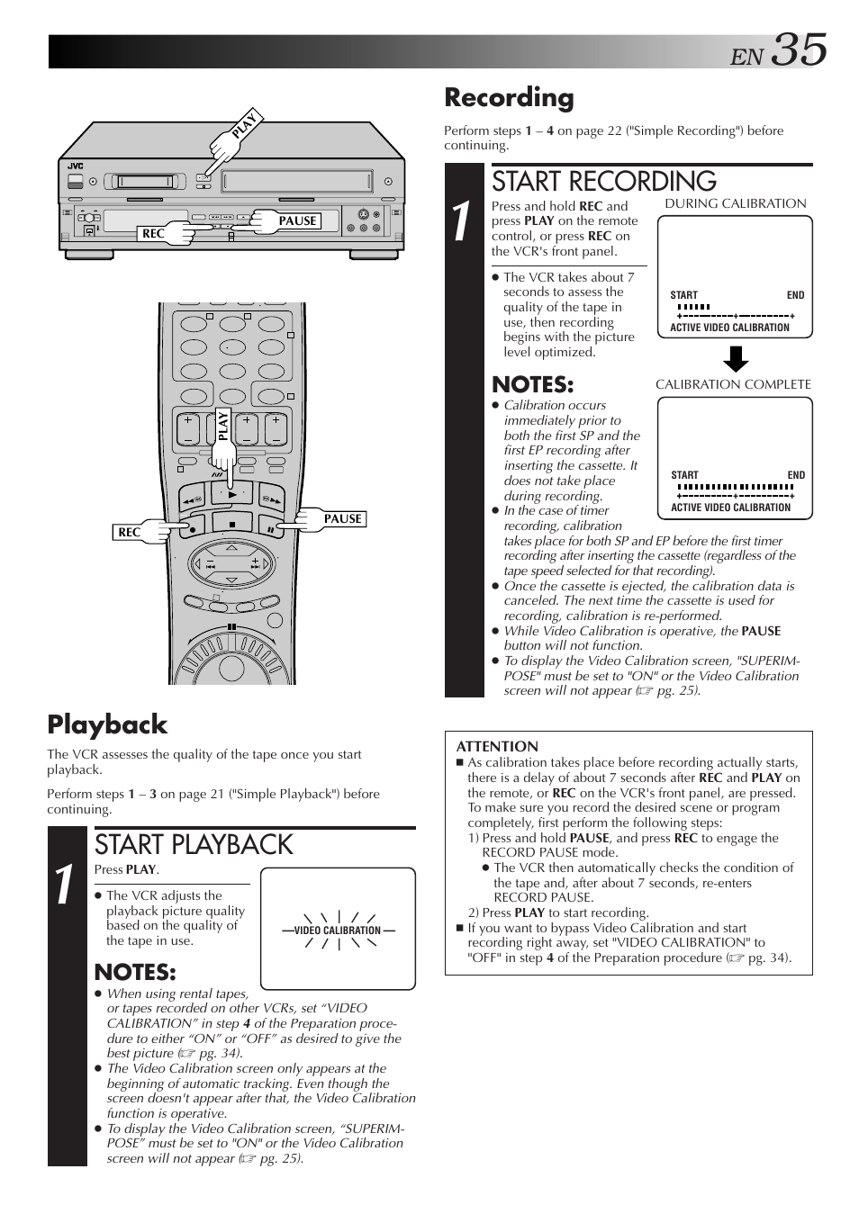 Start playback, Start recording, Recording | Playback | JVC SR-VS10U User Manual | Page 35 / 80