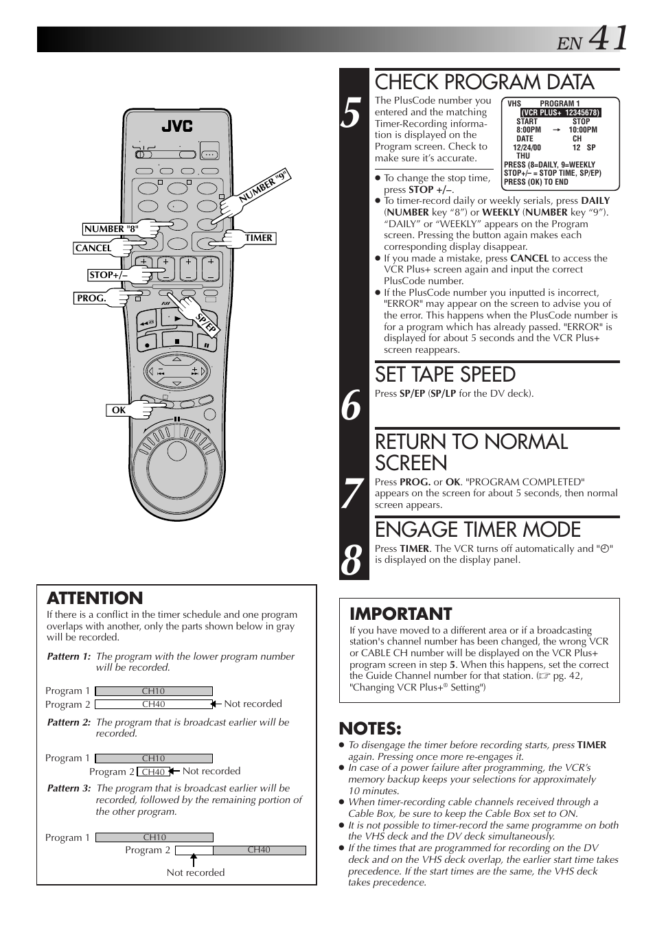 Check program data, Set tape speed, Return to normal screen | Engage timer mode, Important, Attention | JVC SR-VS10U User Manual | Page 41 / 80
