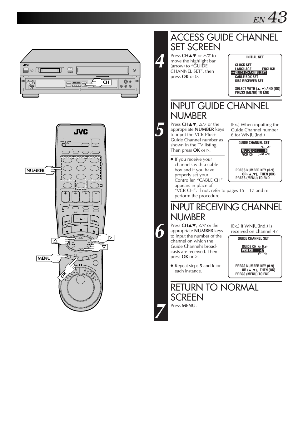 Access guide channel set screen, Input guide channel number, Input receiving channel number | Return to normal screen | JVC SR-VS10U User Manual | Page 43 / 80