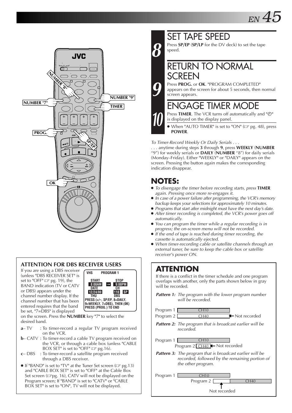 Set tape speed, Return to normal screen, Engage timer mode | Attention | JVC SR-VS10U User Manual | Page 45 / 80