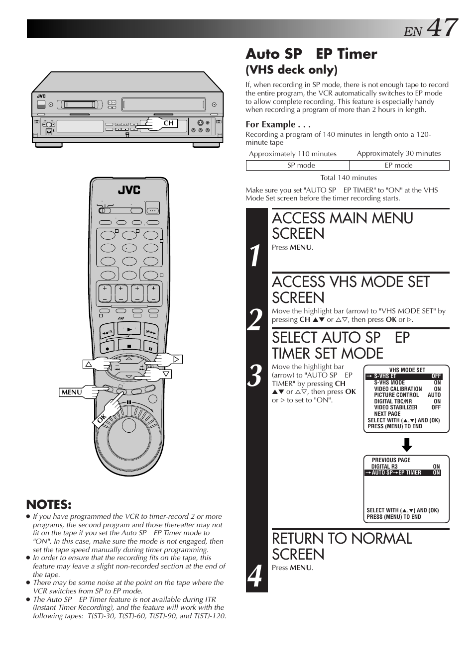 Access main menu screen, Access vhs mode set screen, Select auto sp → ep timer set mode | Return to normal screen, Auto sp → ep timer, Vhs deck only) | JVC SR-VS10U User Manual | Page 47 / 80