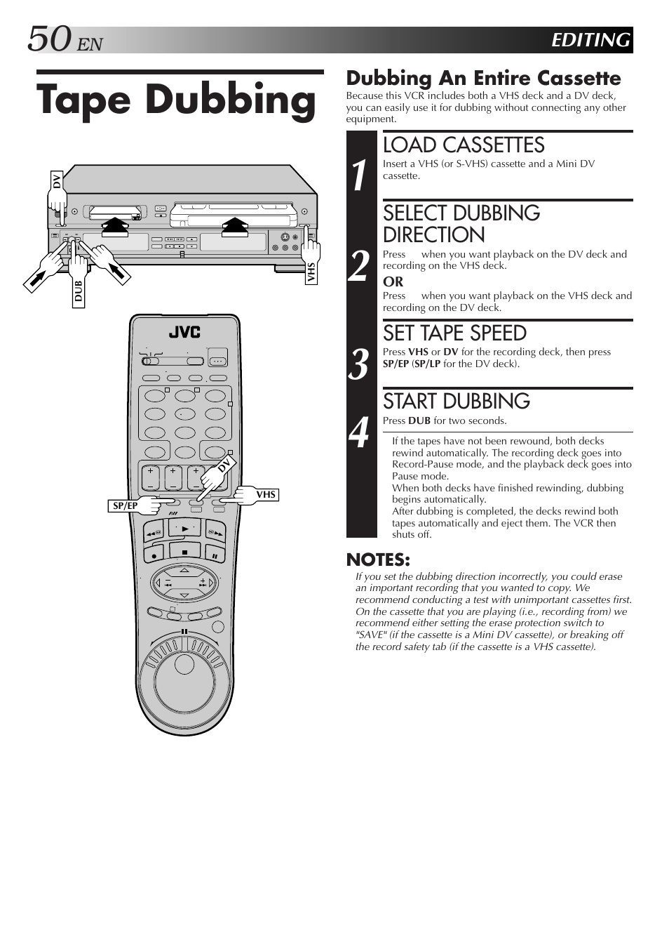 Tape dubbing, Load cassettes, Select dubbing direction | Set tape speed, Start dubbing, Editing, Dubbing an entire cassette | JVC SR-VS10U User Manual | Page 50 / 80