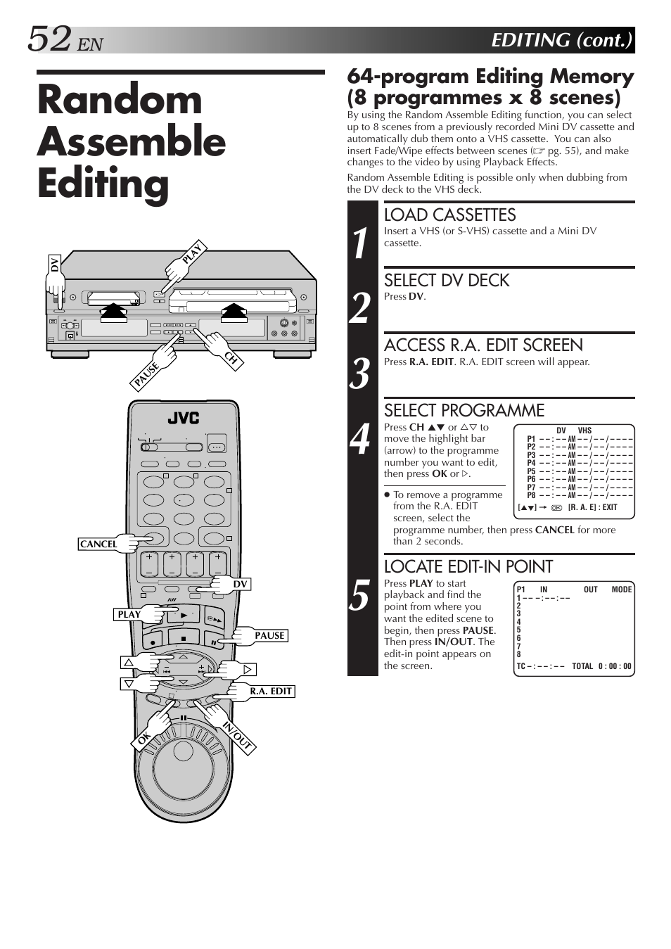 Random assemble editing, Editing (cont.), Load cassettes | Select dv deck, Access r.a. edit screen, Select programme, Locate edit-in point | JVC SR-VS10U User Manual | Page 52 / 80