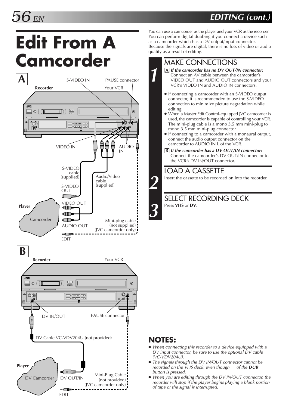 Edit from a camcorder, Editing (cont.), Make connections | Load a cassette, Select recording deck | JVC SR-VS10U User Manual | Page 56 / 80