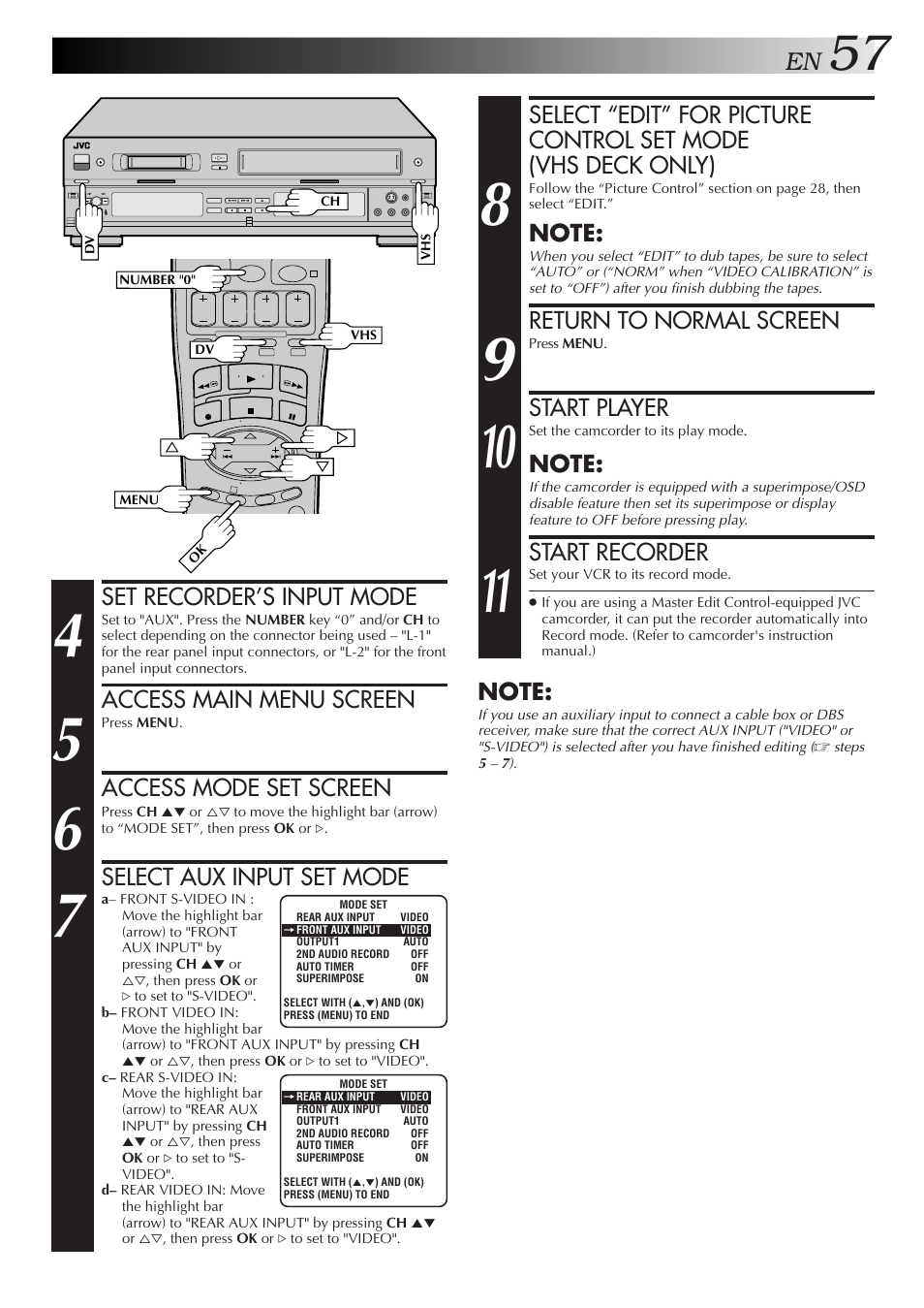 Return to normal screen, Start player, Start recorder | Set recorder’s input mode, Access main menu screen, Access mode set screen, Select aux input set mode | JVC SR-VS10U User Manual | Page 57 / 80