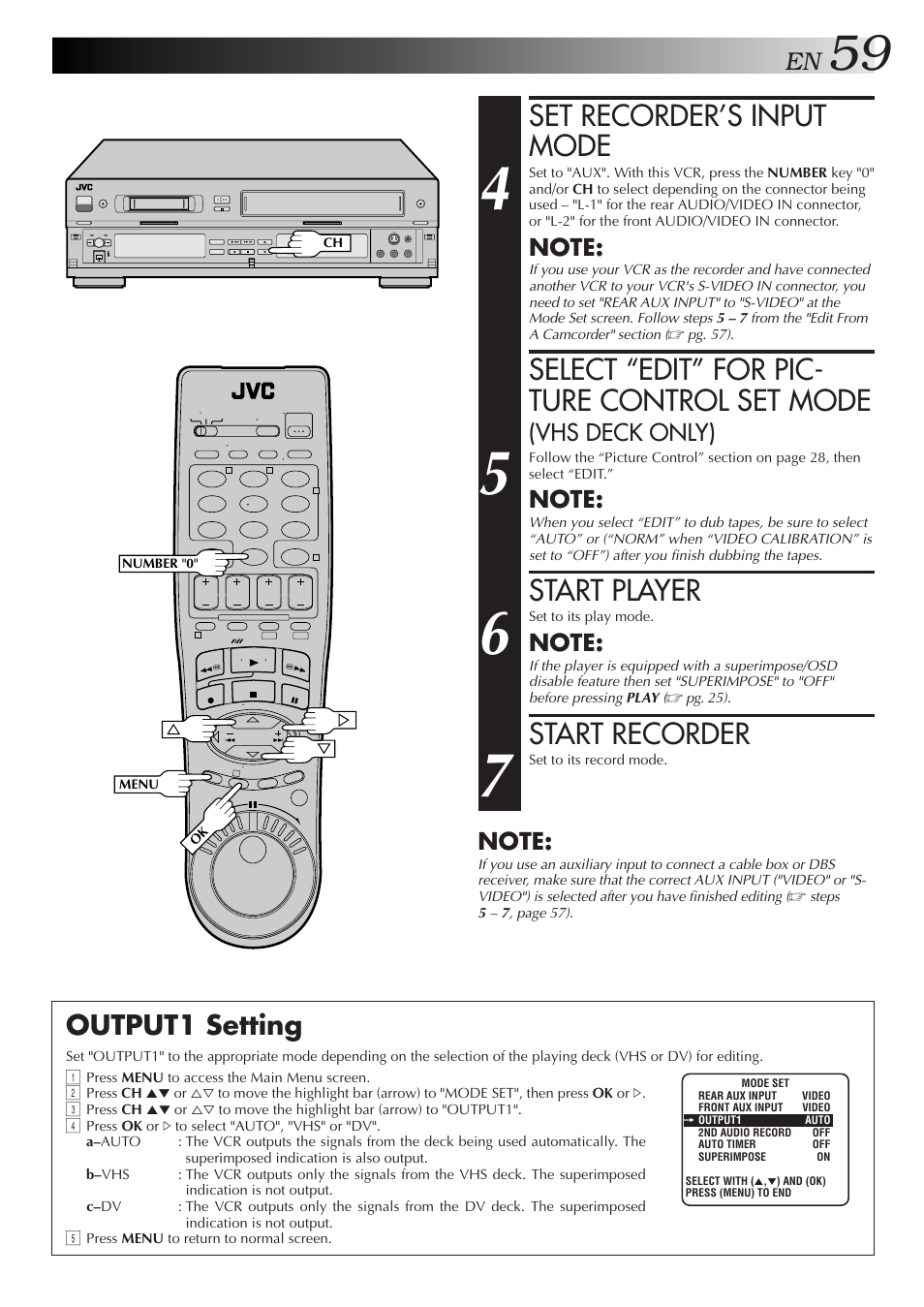 Set recorder’s input mode, Select “edit” for pic- ture control set mode, Start player | Start recorder, Output1 setting, Vhs deck only) | JVC SR-VS10U User Manual | Page 59 / 80