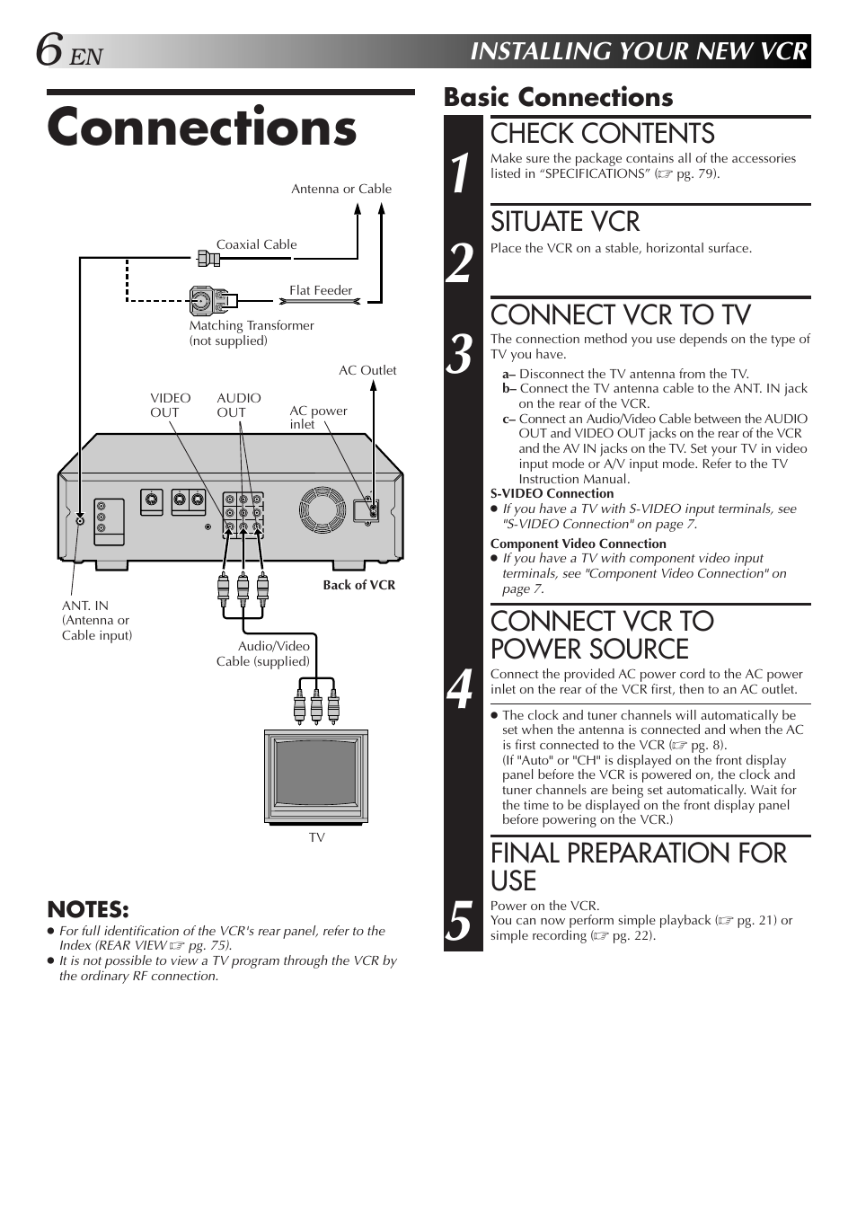 Connections, Check contents, Situate vcr | Connect vcr to tv, Connect vcr to power source, Final preparation for use, Installing your new vcr, Basic connections | JVC SR-VS10U User Manual | Page 6 / 80