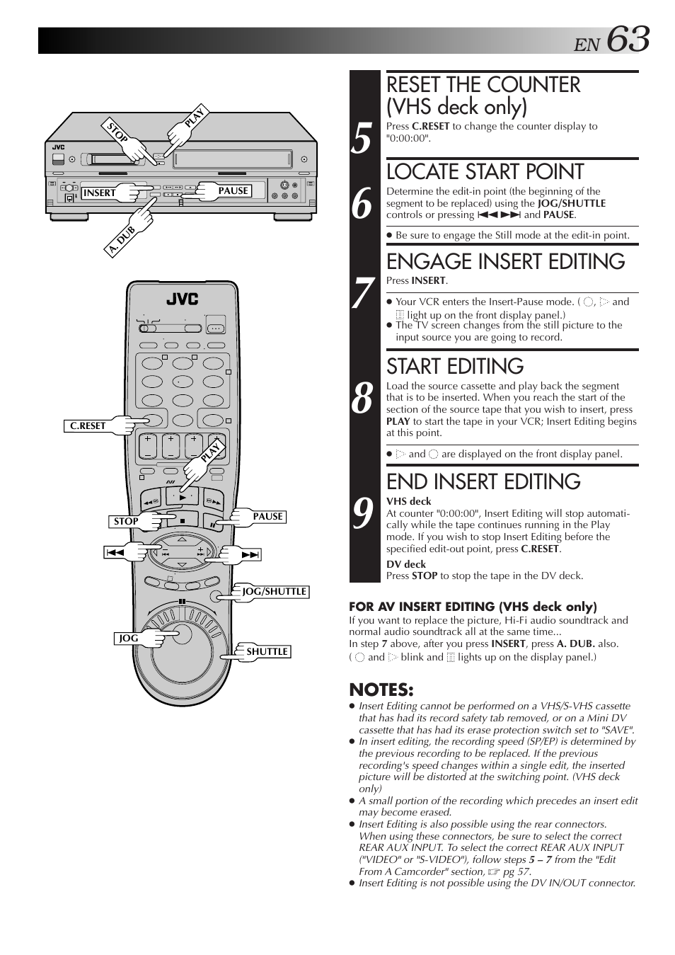 Reset the counter (vhs deck only), Locate start point, Engage insert editing | Start editing, End insert editing | JVC SR-VS10U User Manual | Page 63 / 80