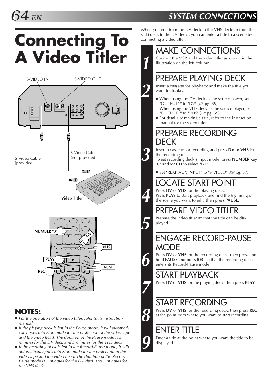 Connecting to a video titler, Make connections, Prepare playing deck | Prepare recording deck, Locate start point, Prepare video titler, Engage record-pause mode, Start playback, Start recording, Enter title | JVC SR-VS10U User Manual | Page 64 / 80