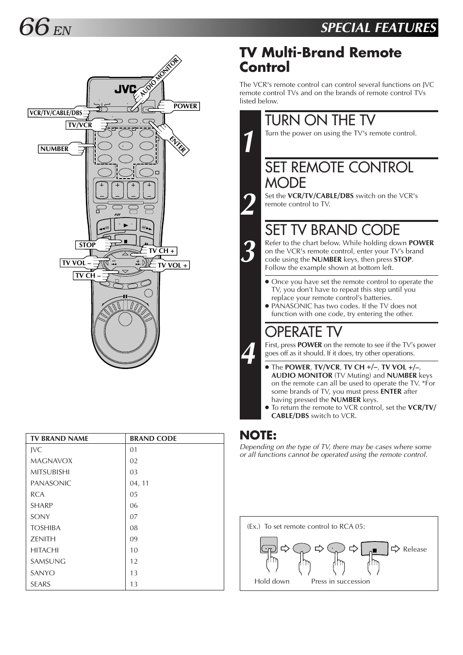 Turn on the tv, Set remote control mode, Set tv brand code | Operate tv, Special features, Tv multi-brand remote control | JVC SR-VS10U User Manual | Page 66 / 80