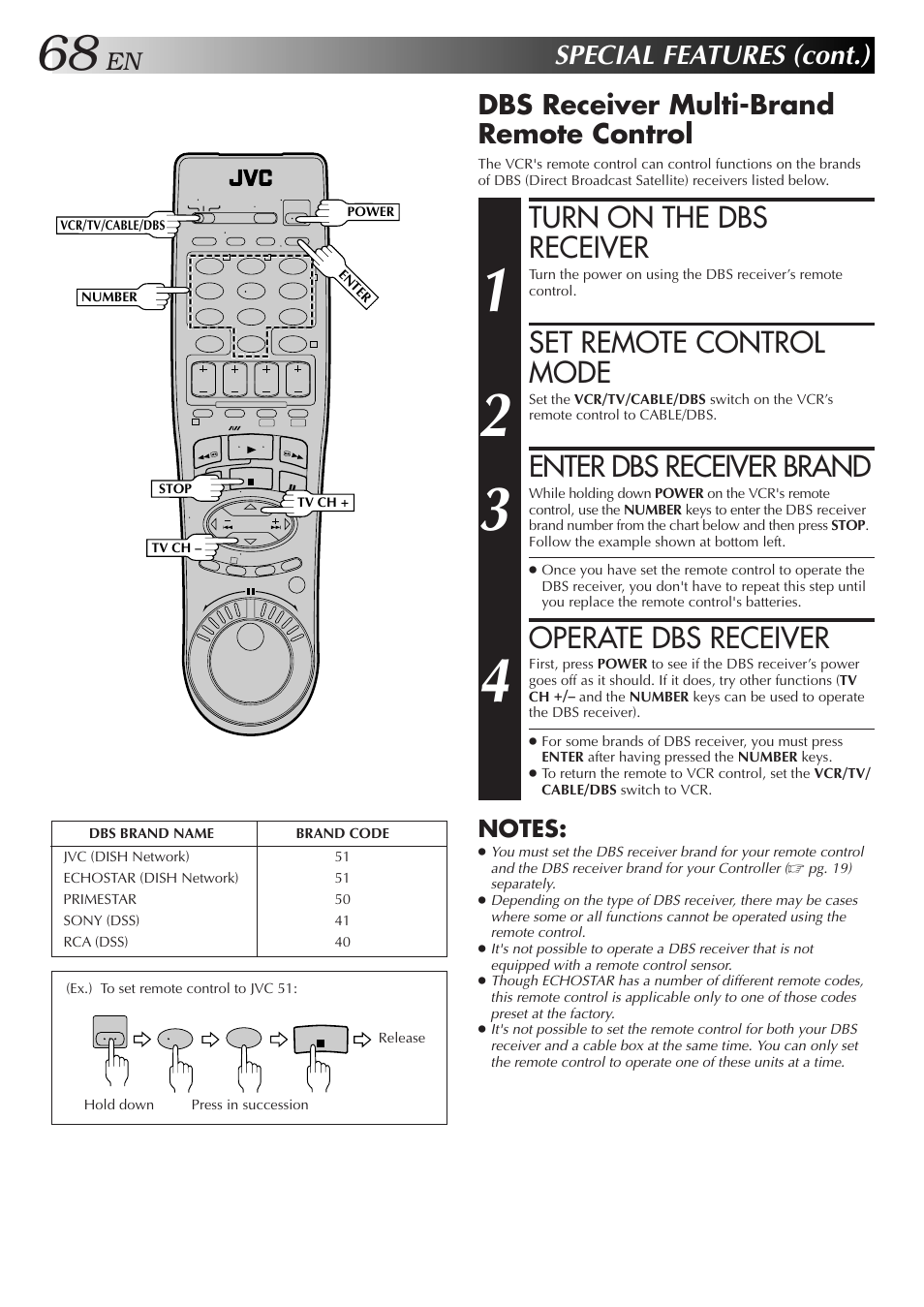 Turn on the dbs receiver, Set remote control mode, Enter dbs receiver brand | Operate dbs receiver, Special features (cont.), Dbs receiver multi-brand remote control | JVC SR-VS10U User Manual | Page 68 / 80