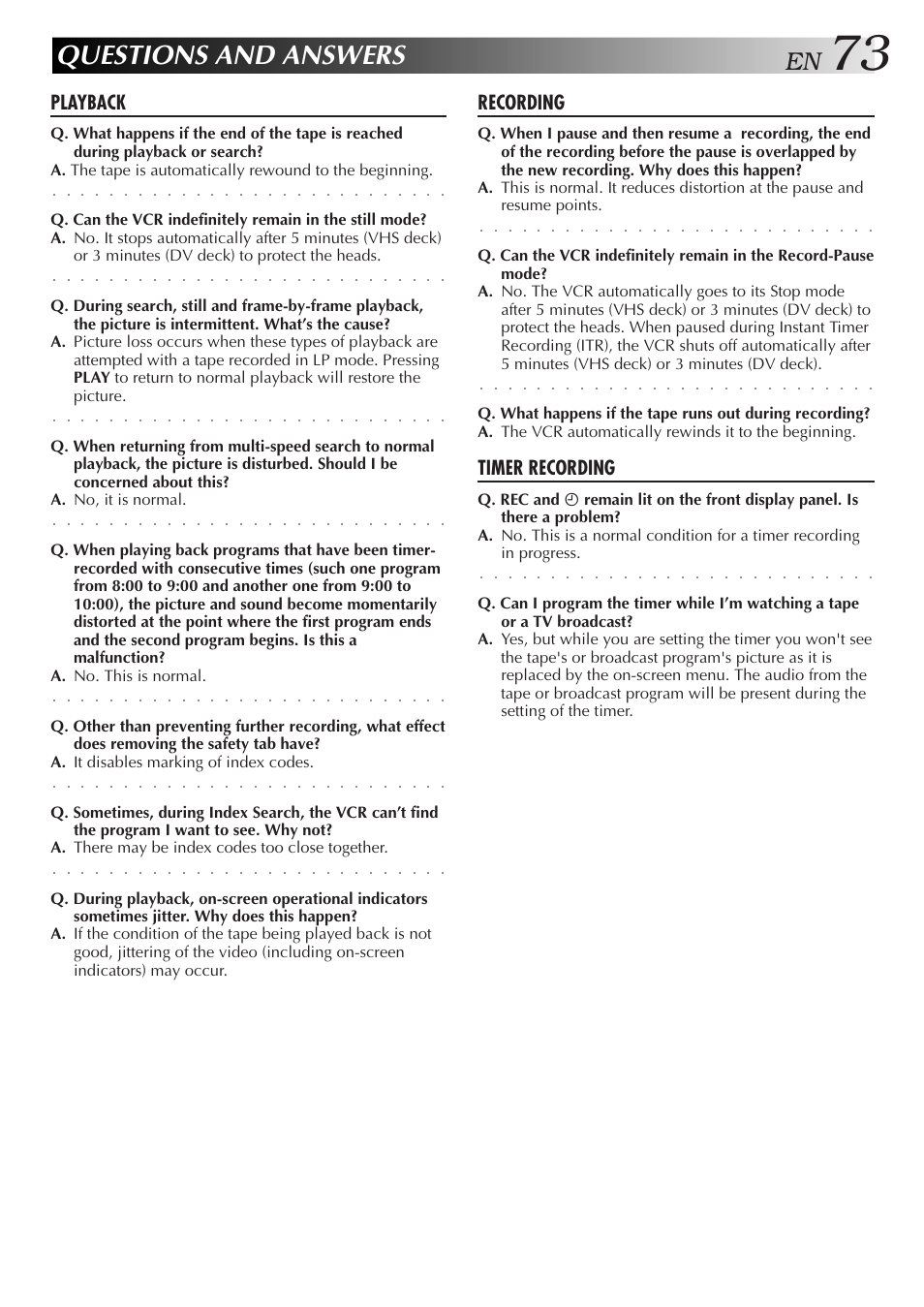 Questions and answers, Playback, Recording | Timer recording | JVC SR-VS10U User Manual | Page 73 / 80