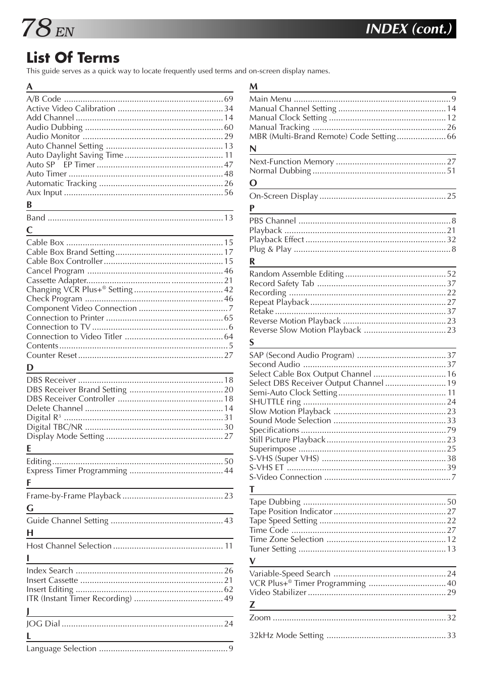 Index (cont.), List of terms | JVC SR-VS10U User Manual | Page 78 / 80