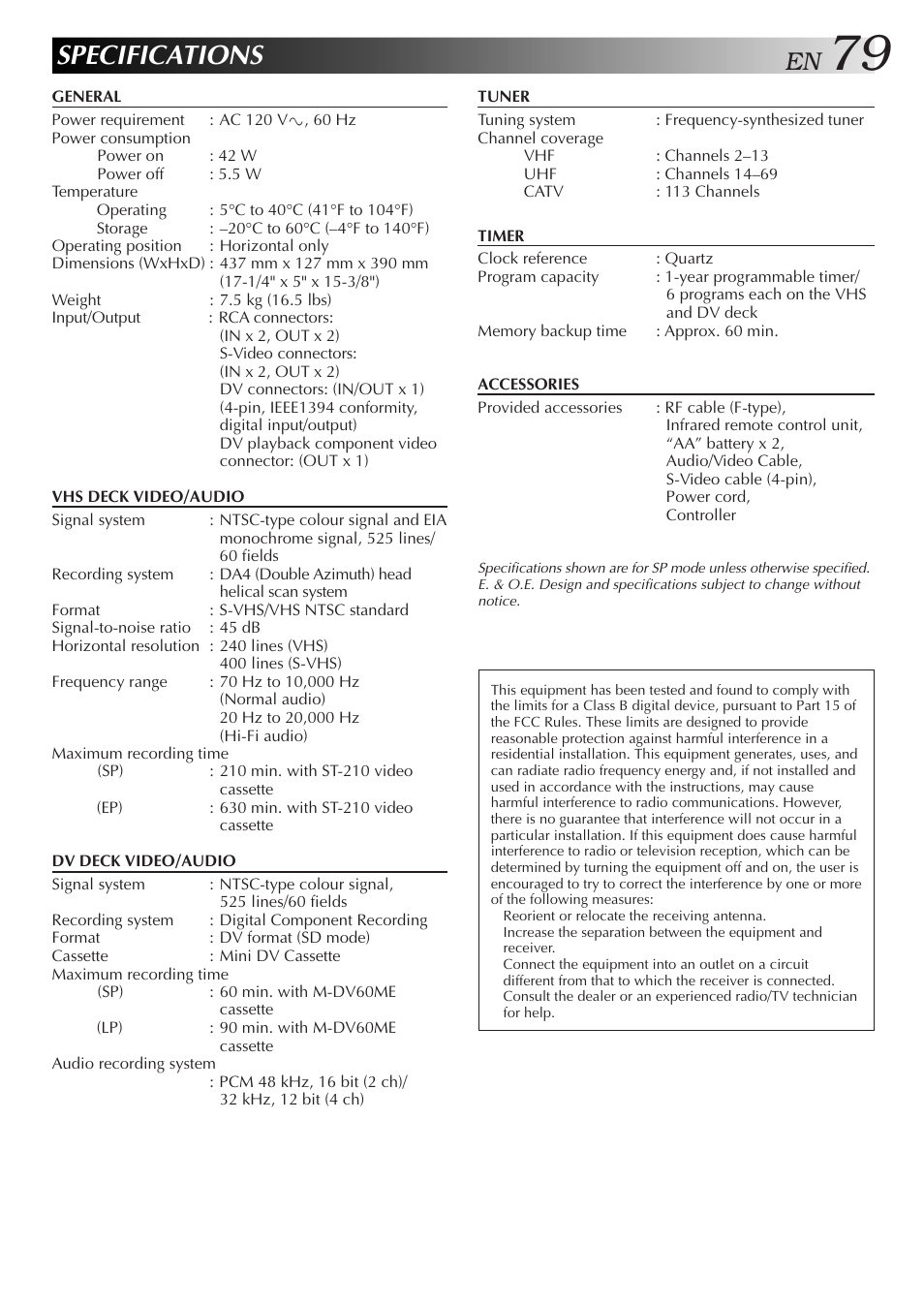 Specifications | JVC SR-VS10U User Manual | Page 79 / 80