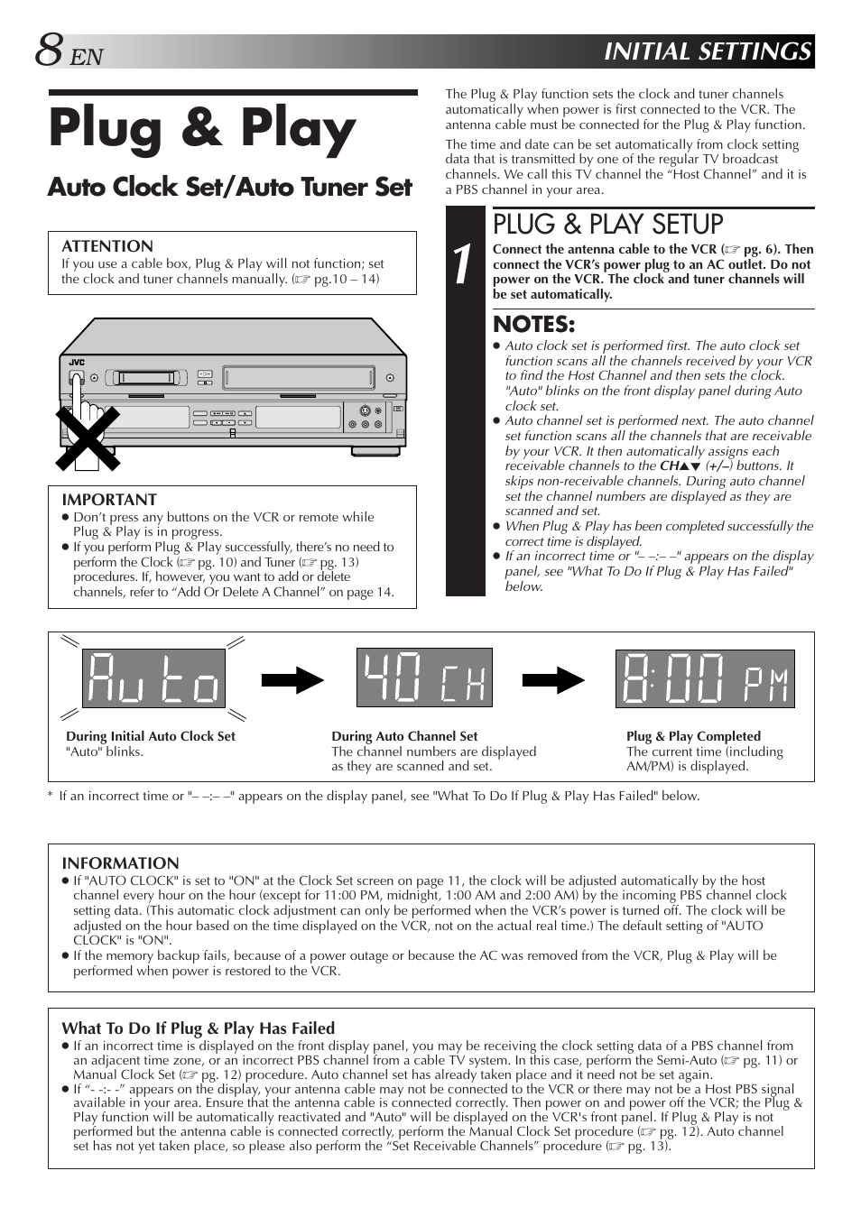 Plug & play, Plug & play setup, Initial settings | Auto clock set/auto tuner set | JVC SR-VS10U User Manual | Page 8 / 80