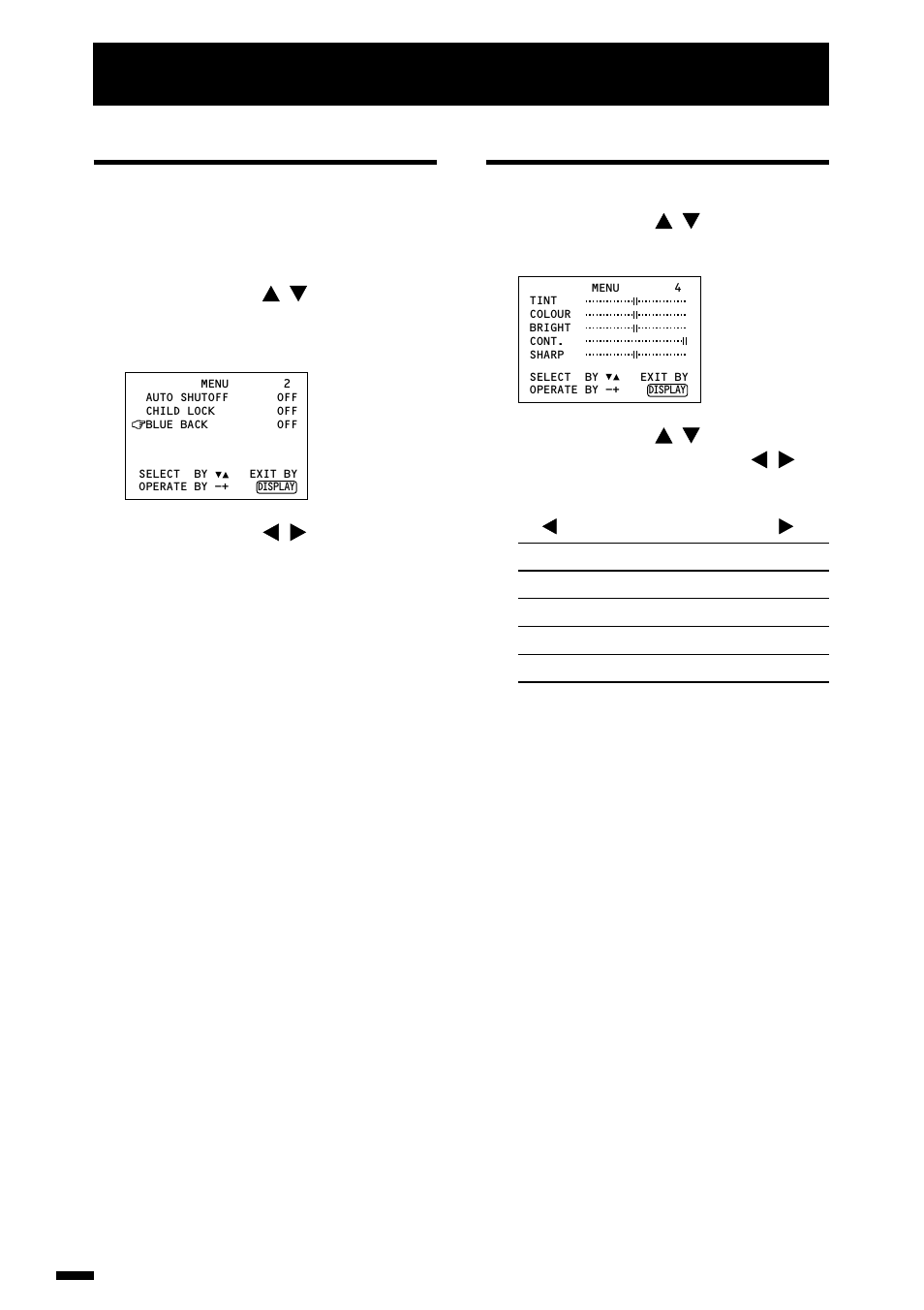 Blue back, Picture adjustment, Using the tv’s menus | Menu 2, Menu 4 | JVC AV-1414EE User Manual | Page 16 / 22