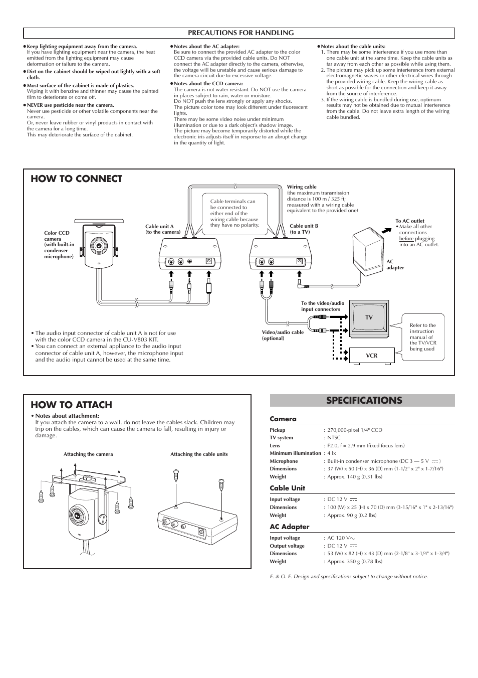 Specifications, How to connect how to attach, English | Precautions for handling | JVC CU-V803 User Manual | Page 2 / 8