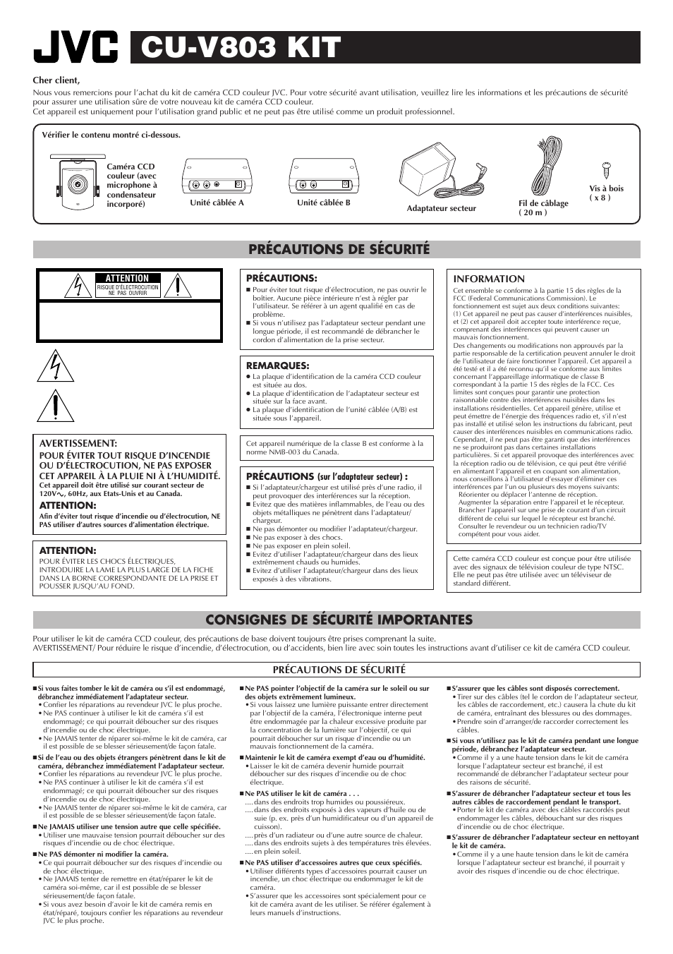 Cu-v803 kit, Kit de caméra ccd couleur instructions français | JVC CU-V803 User Manual | Page 3 / 8