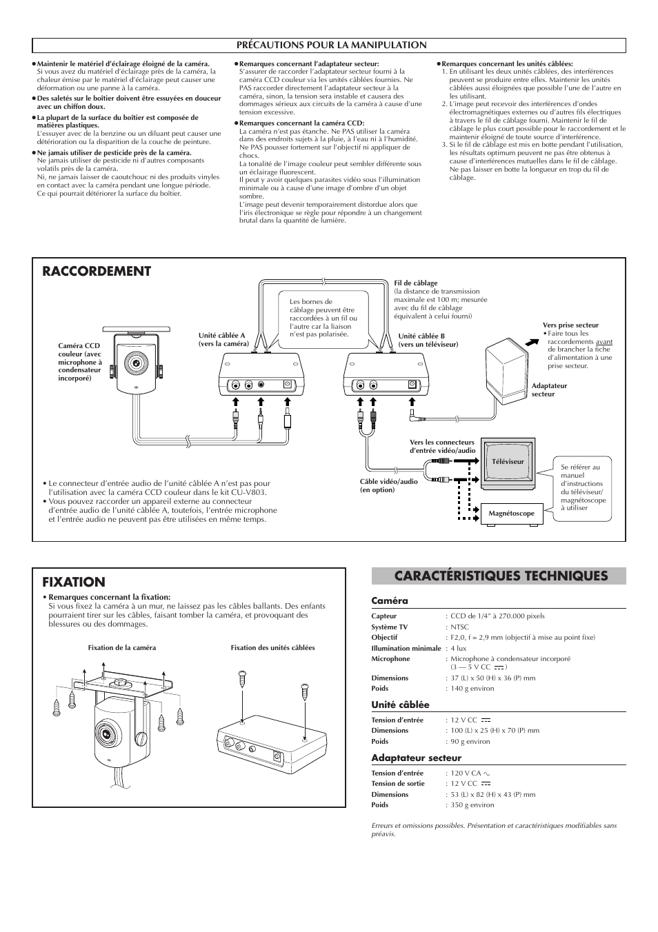 Caractéristiques techniques, Raccordement fixation, Français | Précautions pour la manipulation | JVC CU-V803 User Manual | Page 4 / 8