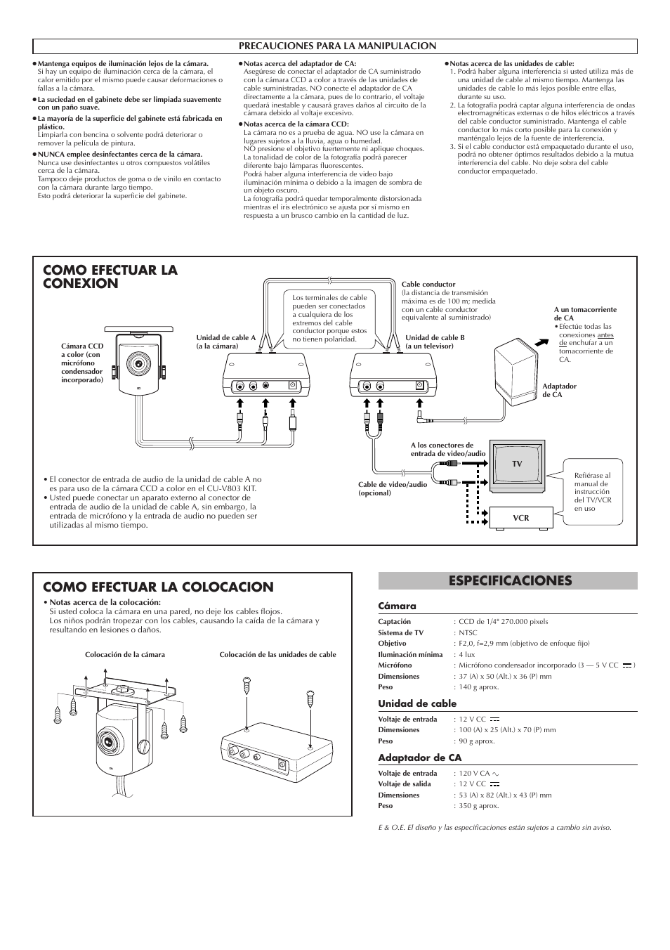 Especificaciones, Español, Precauciones para la manipulacion | JVC CU-V803 User Manual | Page 6 / 8