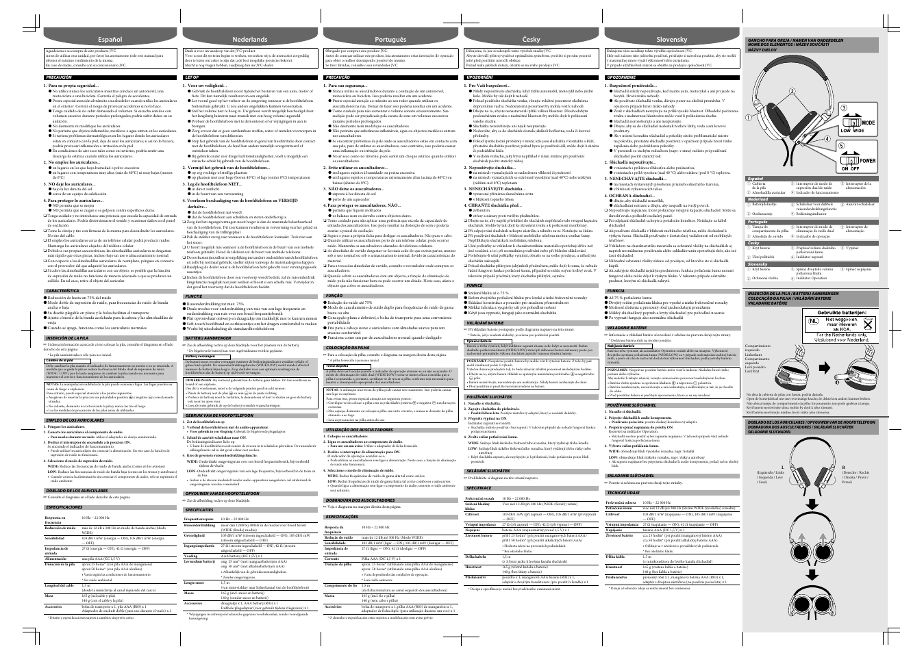 Español, Precaución, Característica | Inserción de la pila, Empleo de los auriculares, Doblado de los auriculares, Especificaciones, Gancho para oreja, Nederlands, Let op | JVC HA NC80-E User Manual | Page 2 / 2