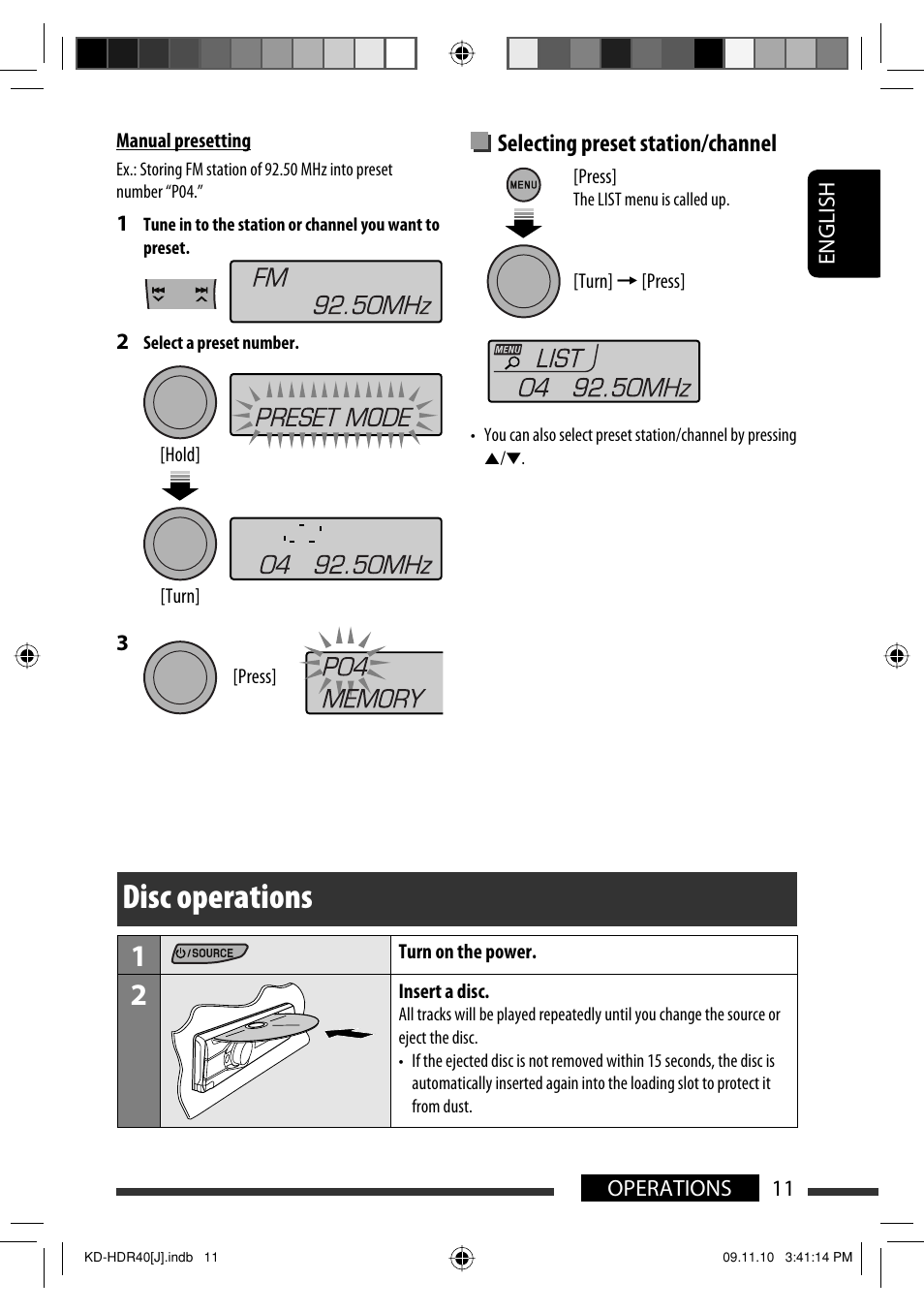 Disc operations, Selecting preset station/channel | JVC LVT2088-001B User Manual | Page 11 / 100