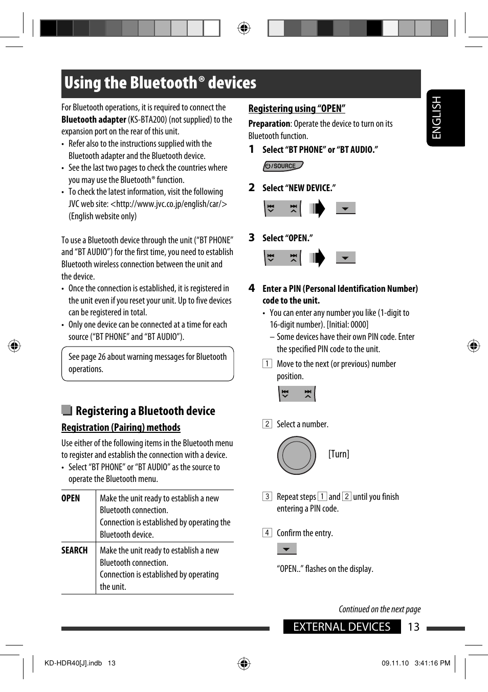 Using the bluetooth devices, Using the bluetooth ® devices, Registering a bluetooth device | JVC LVT2088-001B User Manual | Page 13 / 100