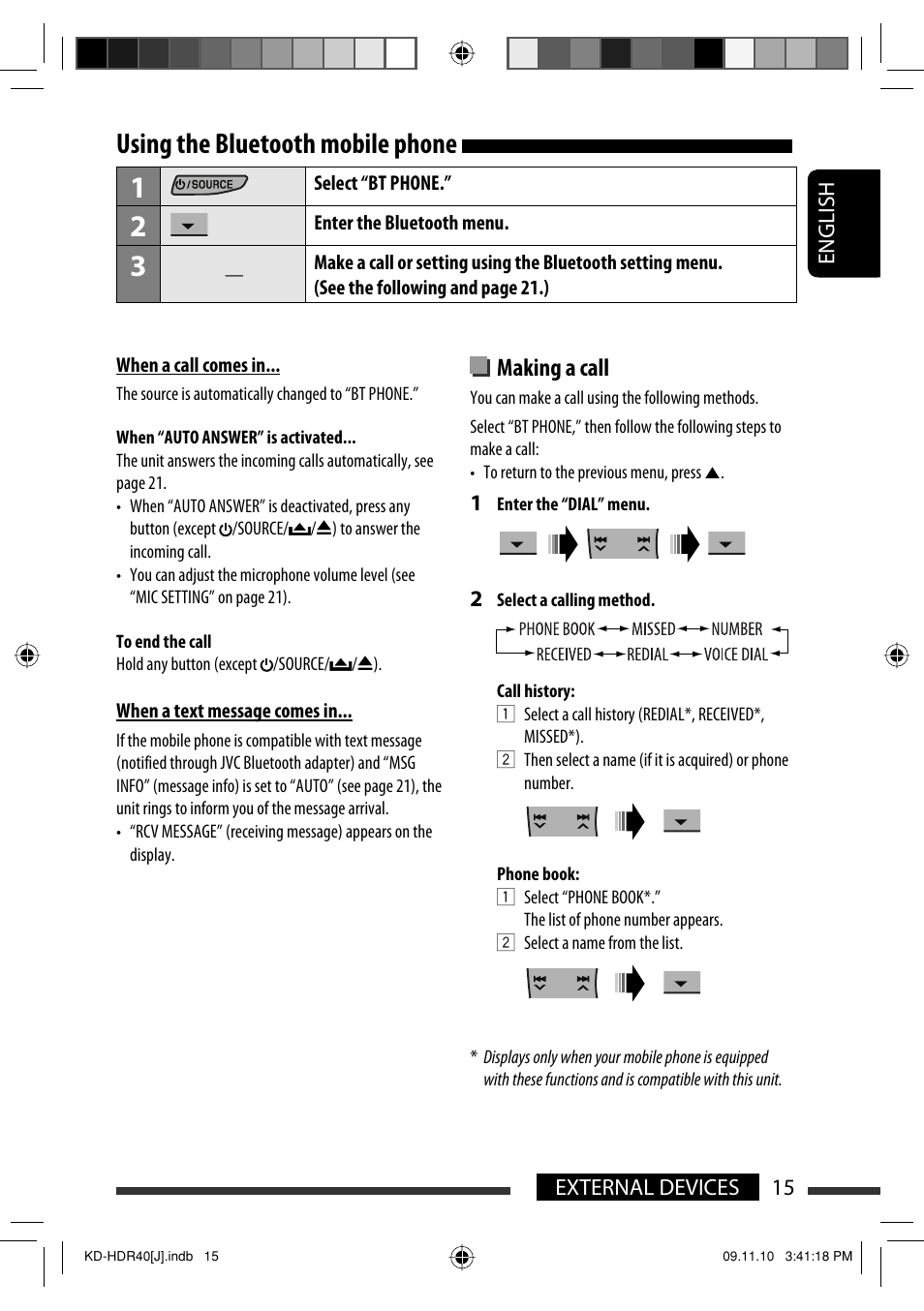 Using the bluetooth mobile phone, Making a call | JVC LVT2088-001B User Manual | Page 15 / 100