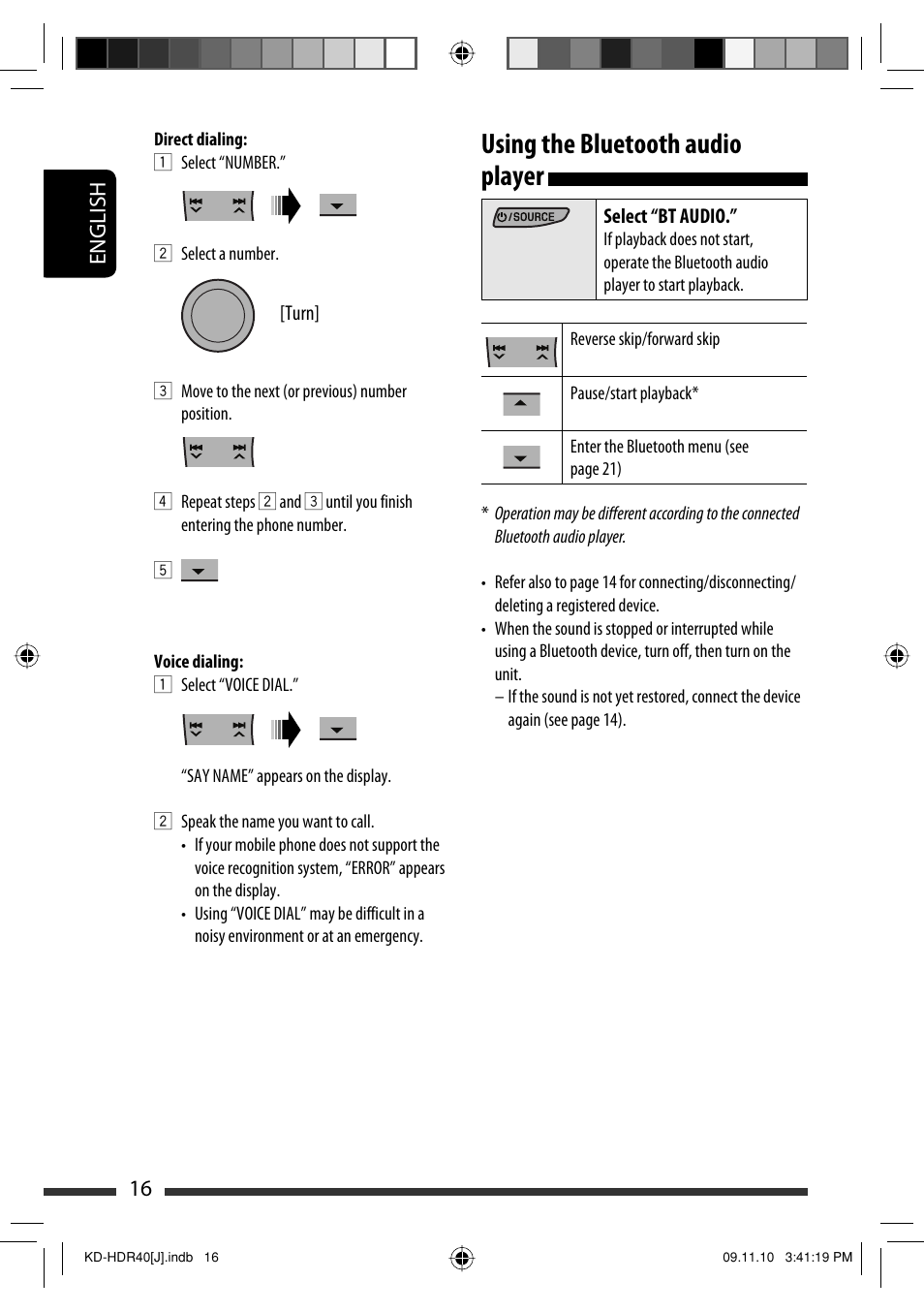Using the bluetooth audio player, English 16 | JVC LVT2088-001B User Manual | Page 16 / 100