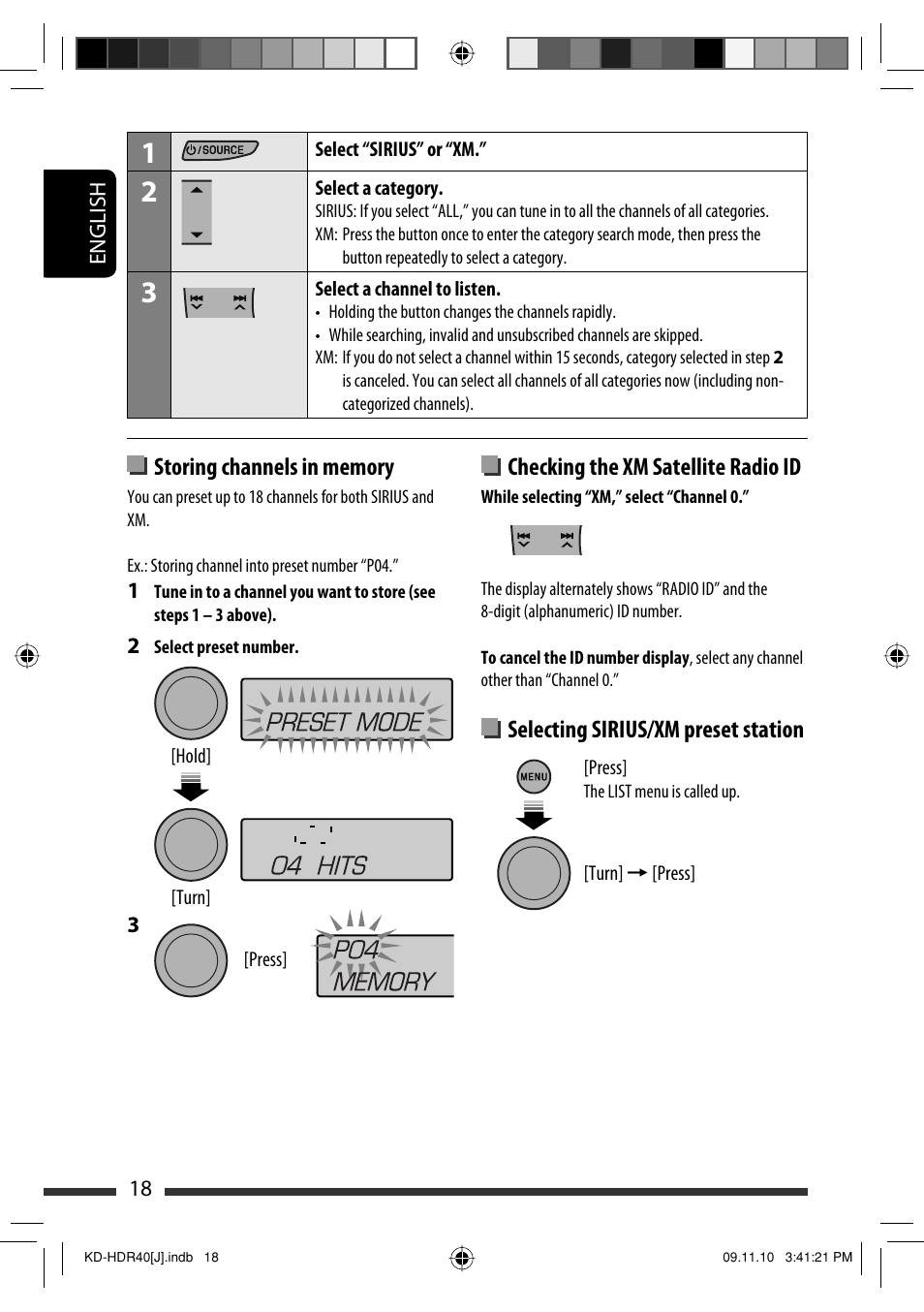 Checking the xm satellite radio id, Selecting sirius/xm preset station | JVC LVT2088-001B User Manual | Page 18 / 100