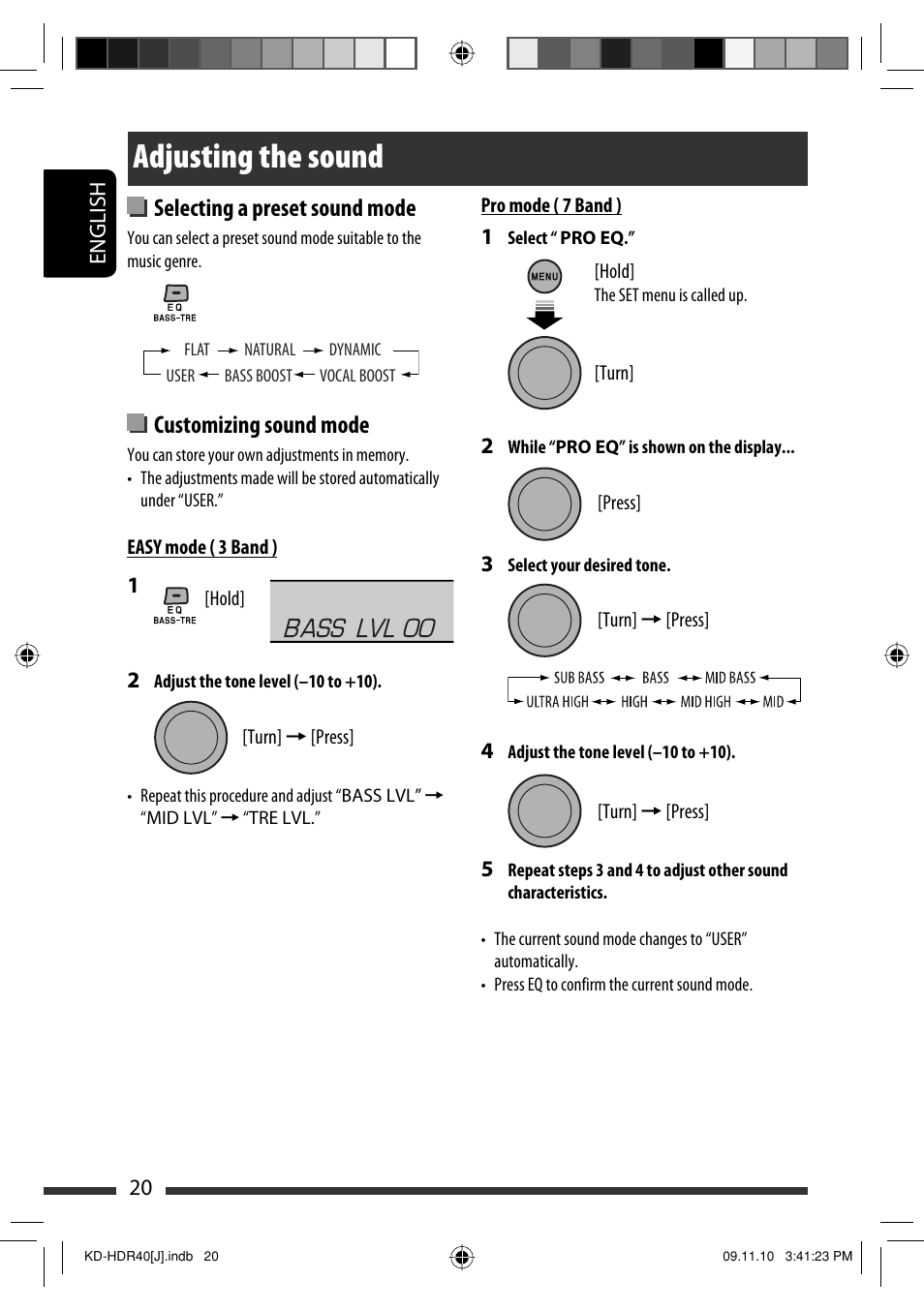 Adjusting the sound, Selecting a preset sound mode, Customizing sound mode | JVC LVT2088-001B User Manual | Page 20 / 100