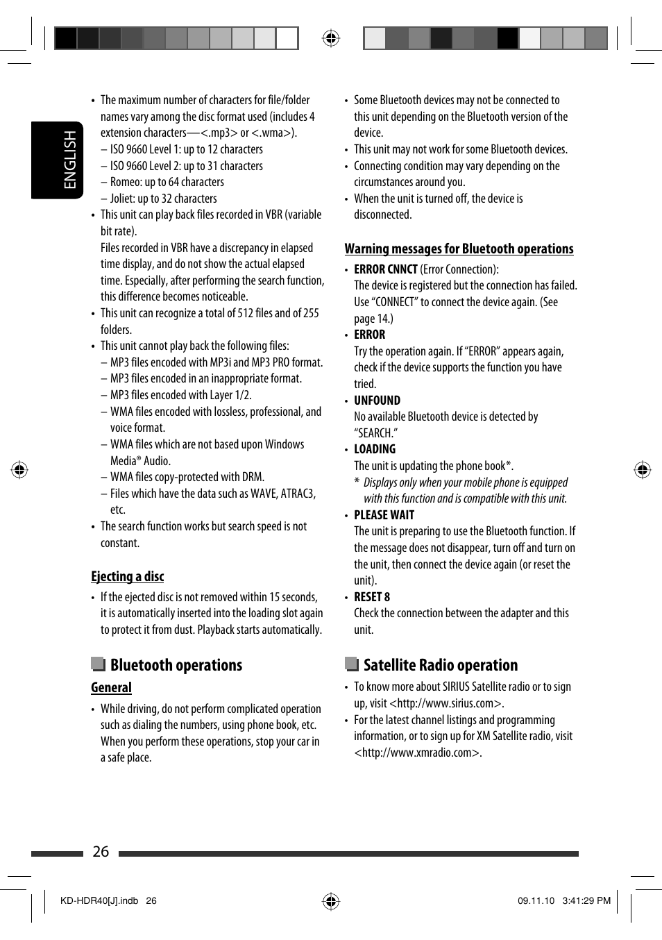 Satellite radio operation, Bluetooth operations, English 26 | JVC LVT2088-001B User Manual | Page 26 / 100