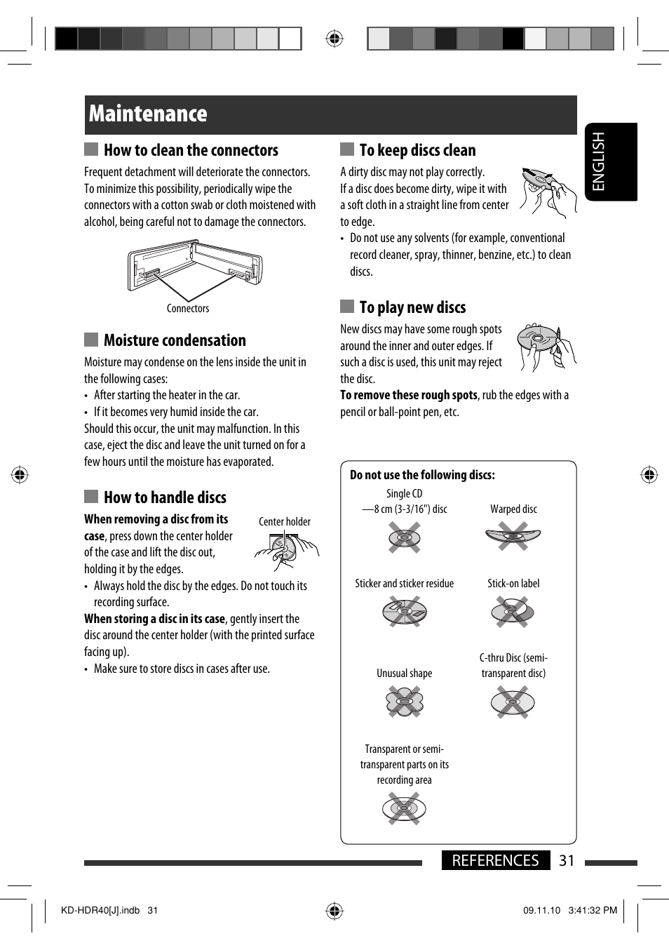 Maintenance, How to clean the connectors, Moisture condensation | How to handle discs, English 31 references | JVC LVT2088-001B User Manual | Page 31 / 100