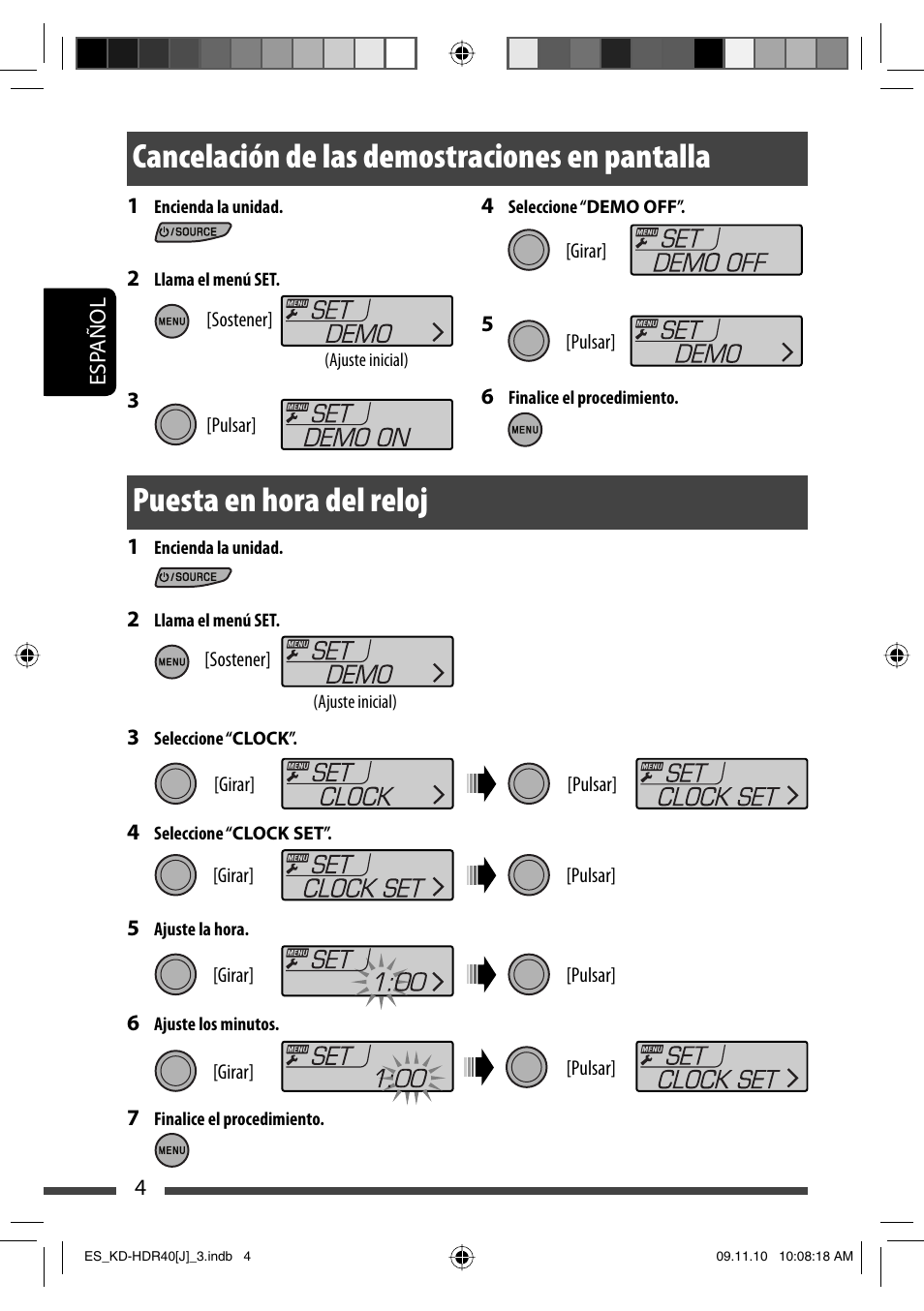 Cancelacion de las demostraciones en pantalla, Puesta en hora del reloj, Cancelación de las demostraciones en pantalla | JVC LVT2088-001B User Manual | Page 36 / 100