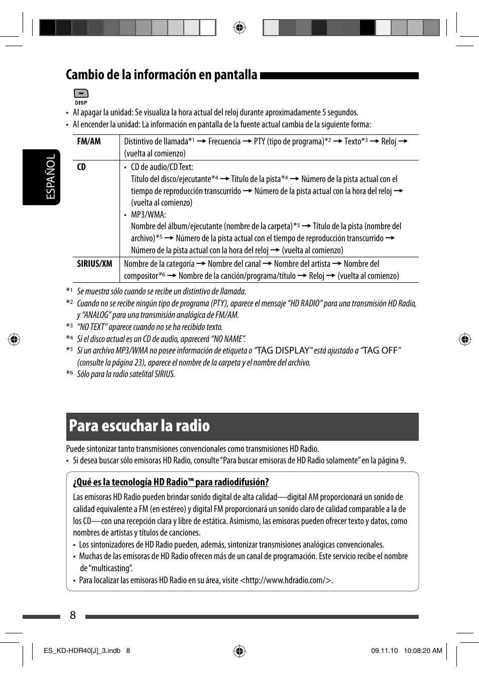 Cambio de la informacion en pantalla, Para escuchar la radio, Cambio de la información en pantalla | 8esp añol | JVC LVT2088-001B User Manual | Page 40 / 100