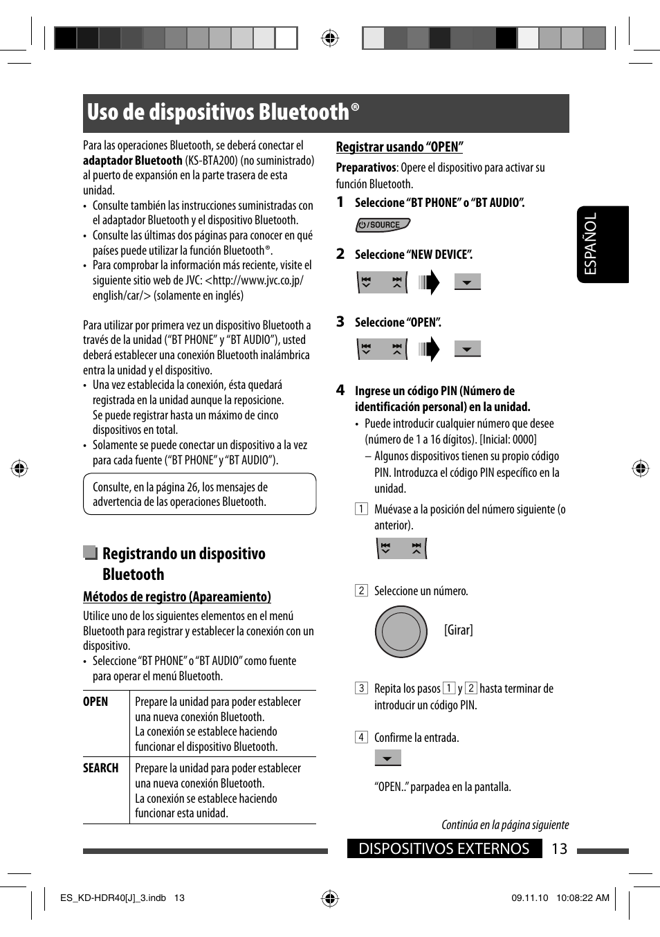 Uso de dispositivos bluetooth, Registrando un dispositivo bluetooth | JVC LVT2088-001B User Manual | Page 45 / 100