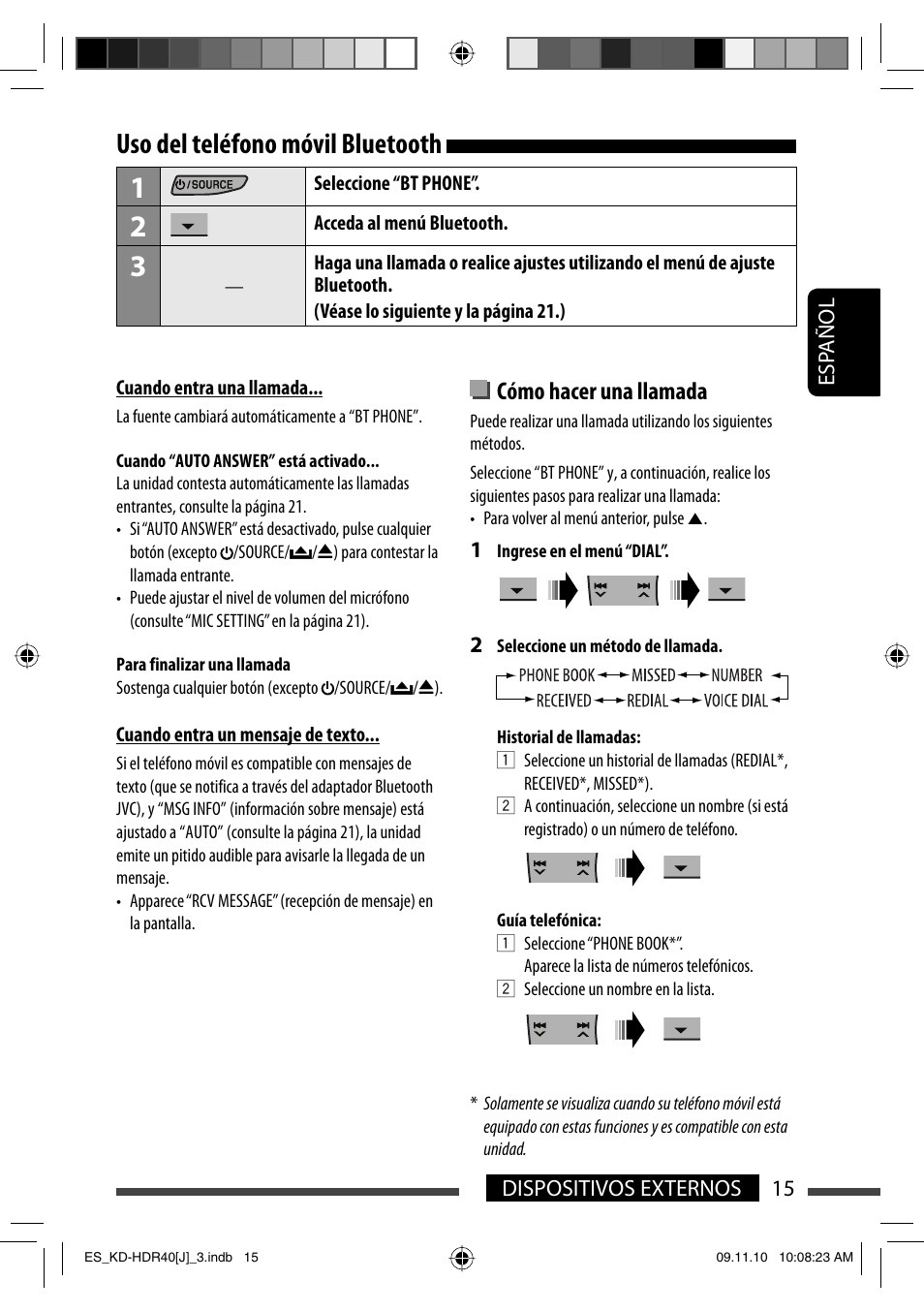Uso del telefono movil bluetooth, Uso del teléfono móvil bluetooth, Cómo hacer una llamada | JVC LVT2088-001B User Manual | Page 47 / 100