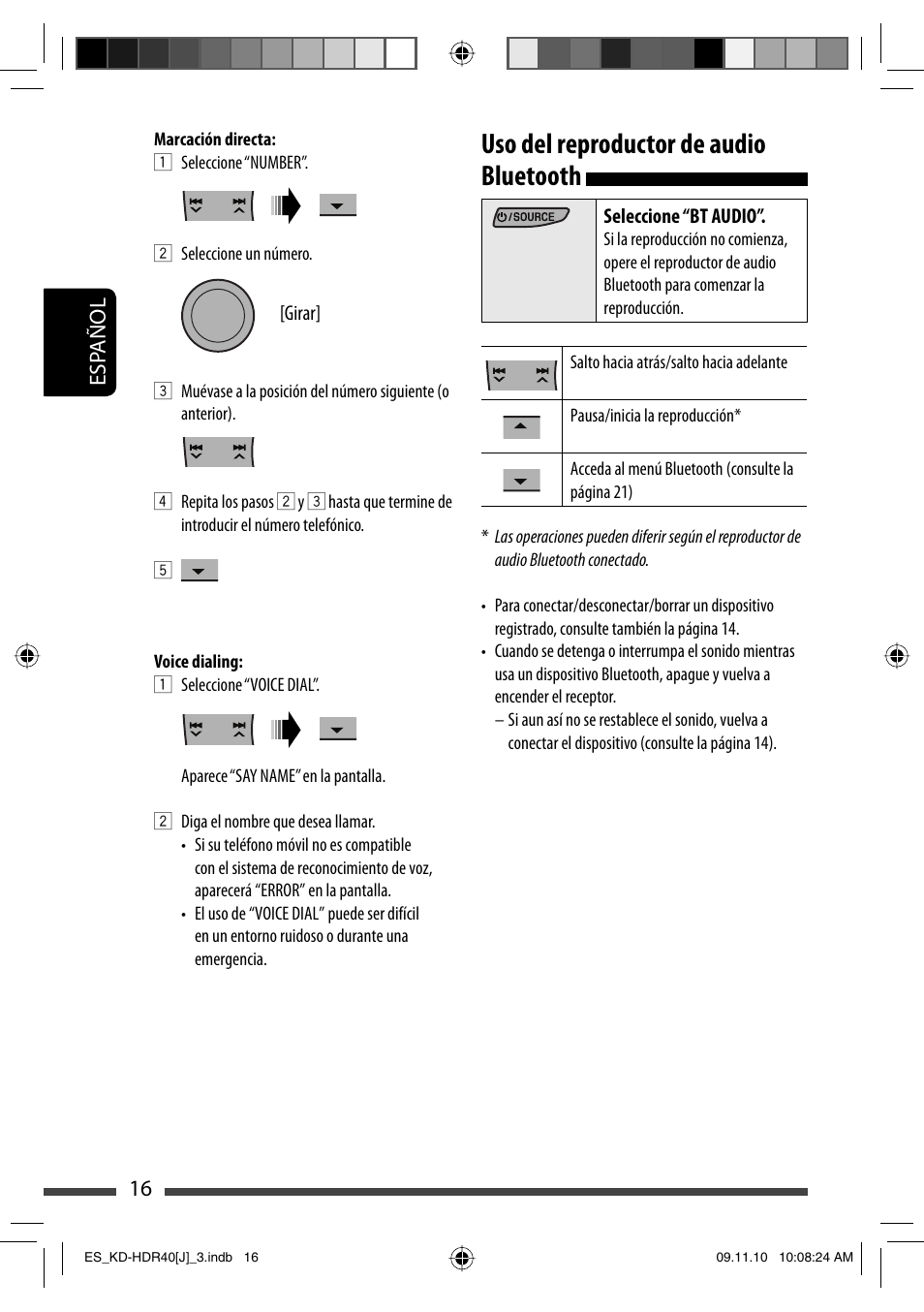 Uso del reproductor de audio bluetooth, 16 esp añol | JVC LVT2088-001B User Manual | Page 48 / 100