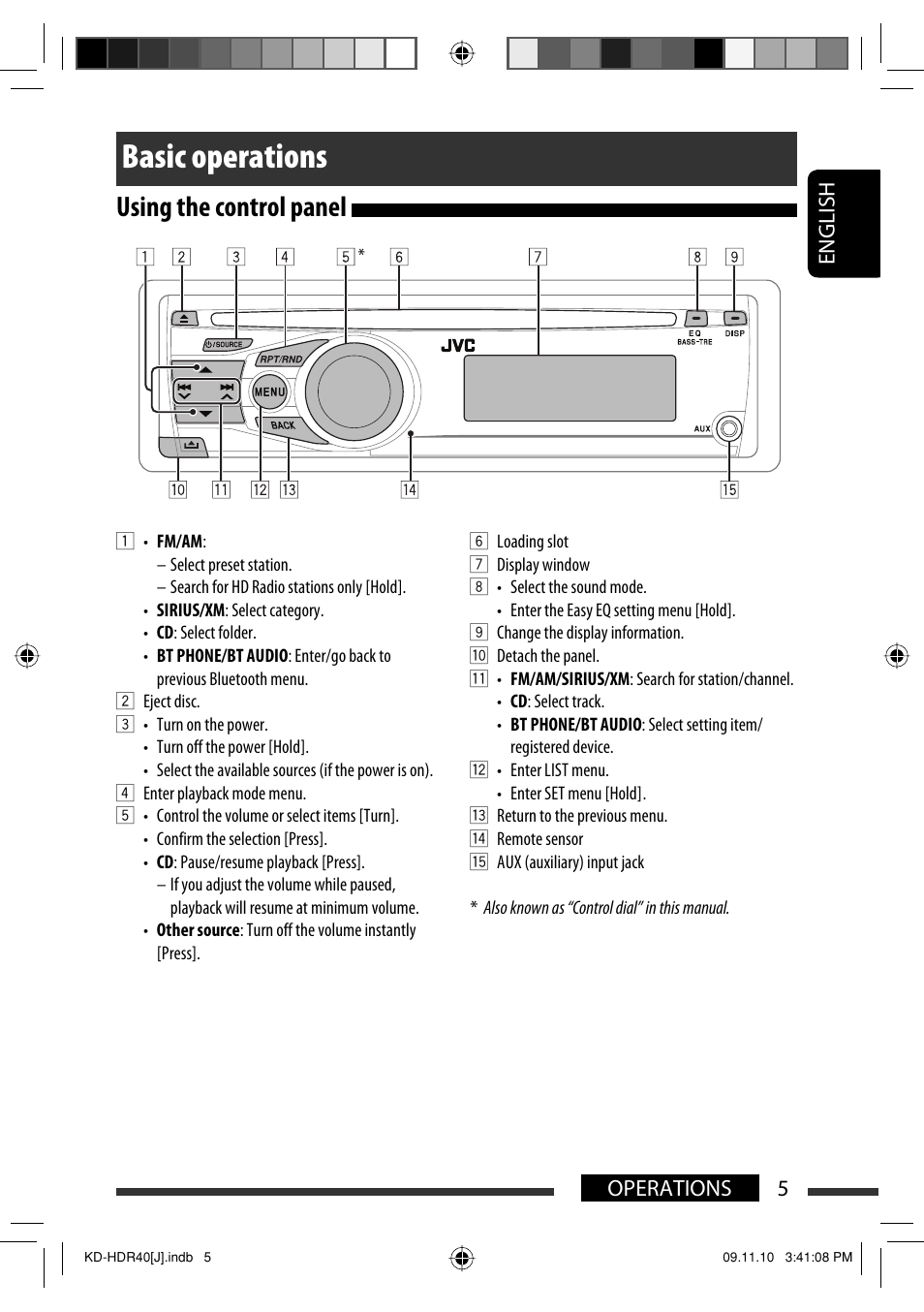 Basic operations, Using the control panel, English 5 operations | JVC LVT2088-001B User Manual | Page 5 / 100
