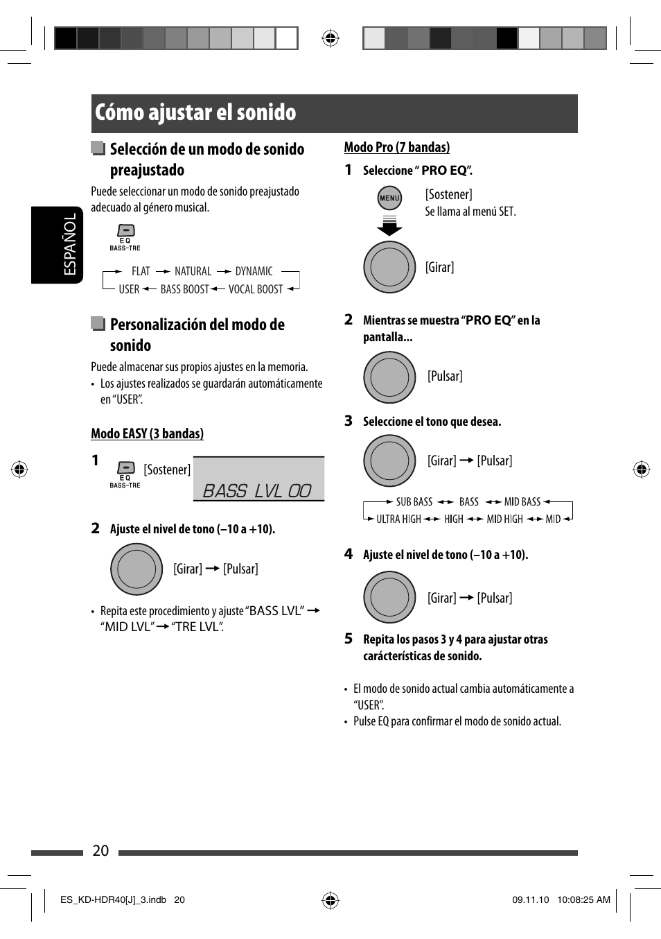 Como ajustar el sonido, Cómo ajustar el sonido, Selección de un modo de sonido preajustado | Personalización del modo de sonido | JVC LVT2088-001B User Manual | Page 52 / 100