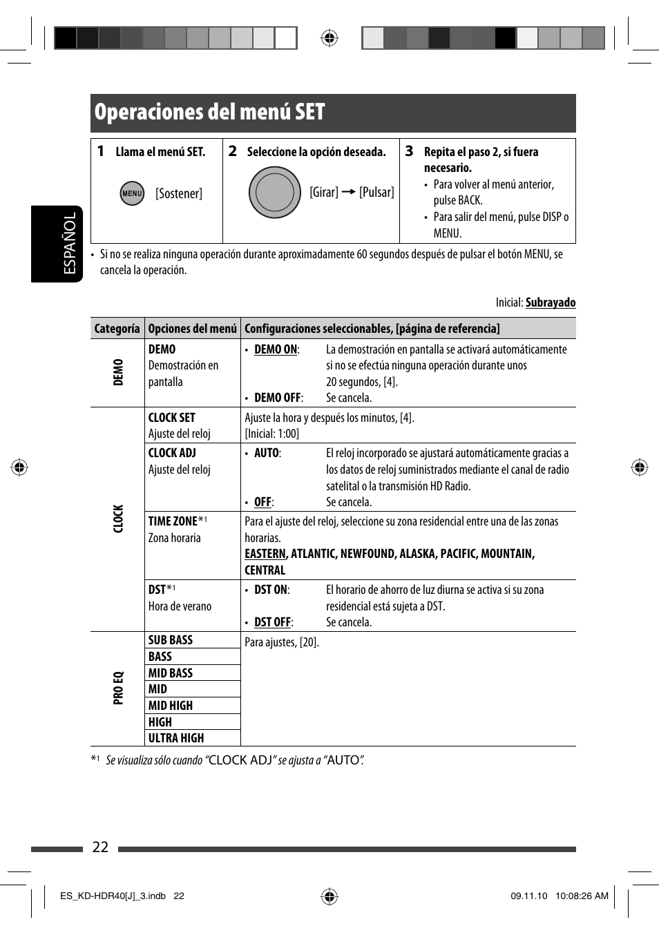 Operaciones del menu set, Operaciones del menú set, 22 esp añol | JVC LVT2088-001B User Manual | Page 54 / 100