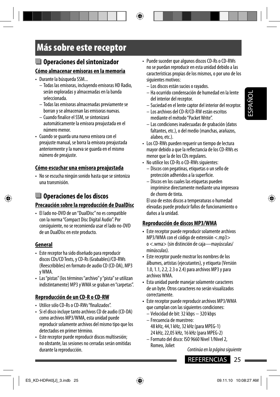 Mas sobre este receptor, Más sobre este receptor, Operaciones del sintonizador | Operaciones de los discos, 25 referencias esp añol | JVC LVT2088-001B User Manual | Page 57 / 100