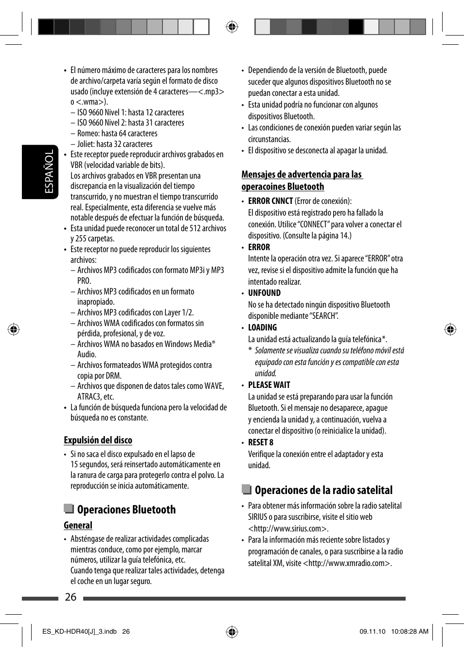 Operaciones de la radio satelital, Operaciones bluetooth, 26 esp añol | JVC LVT2088-001B User Manual | Page 58 / 100