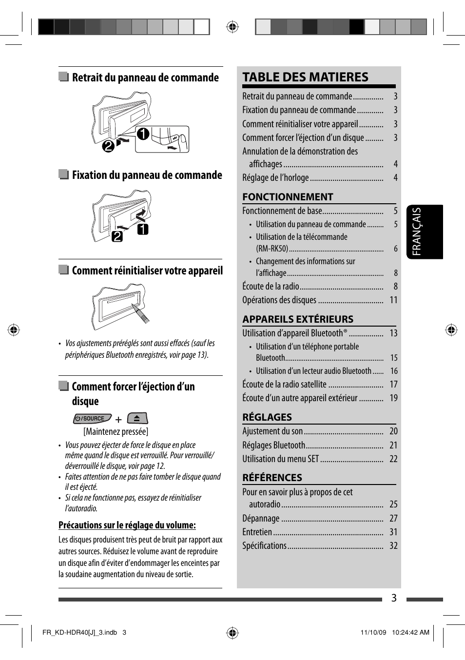 Retrait du panneau de commande, Fixation du panneau de commande, Comment reinitialiser votre appareil | Comment forcer l’ejection d’un disque, Table des matieres, Comment réinitialiser votre appareil, Comment forcer l’éjection d’un disque | JVC LVT2088-001B User Manual | Page 67 / 100