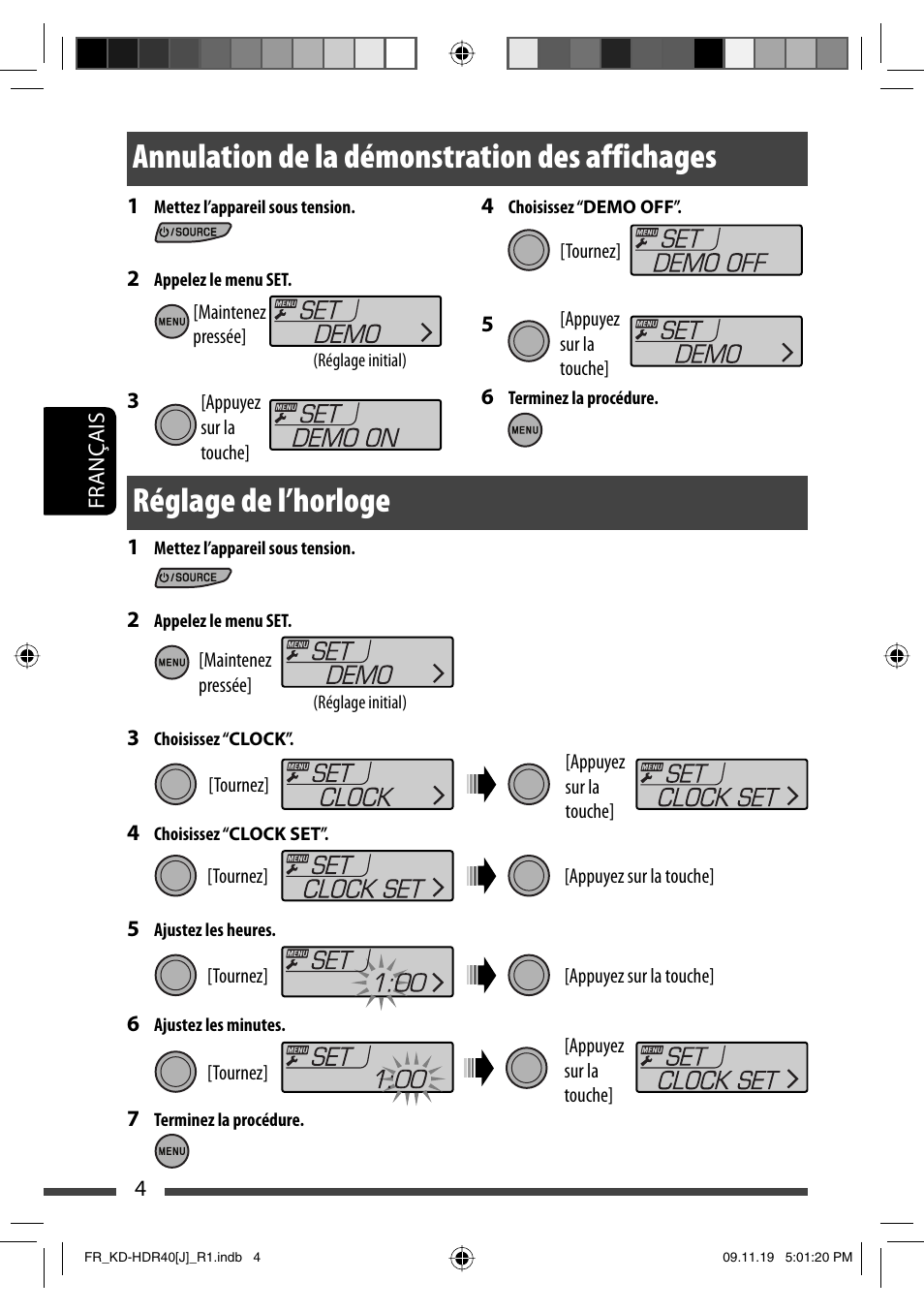 Annulation de la demonstration des affichages, Reglage de l’horloge, Annulation de la démonstration des affichages | Réglage de l’horloge | JVC LVT2088-001B User Manual | Page 68 / 100