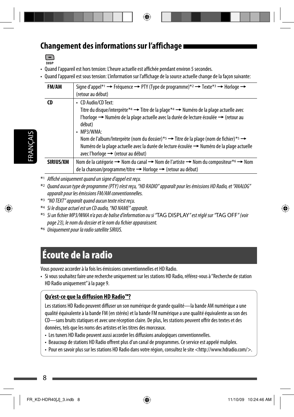 Changement des informations sur l’affichage, Ecoute de la radio, Écoute de la radio | 8français | JVC LVT2088-001B User Manual | Page 72 / 100