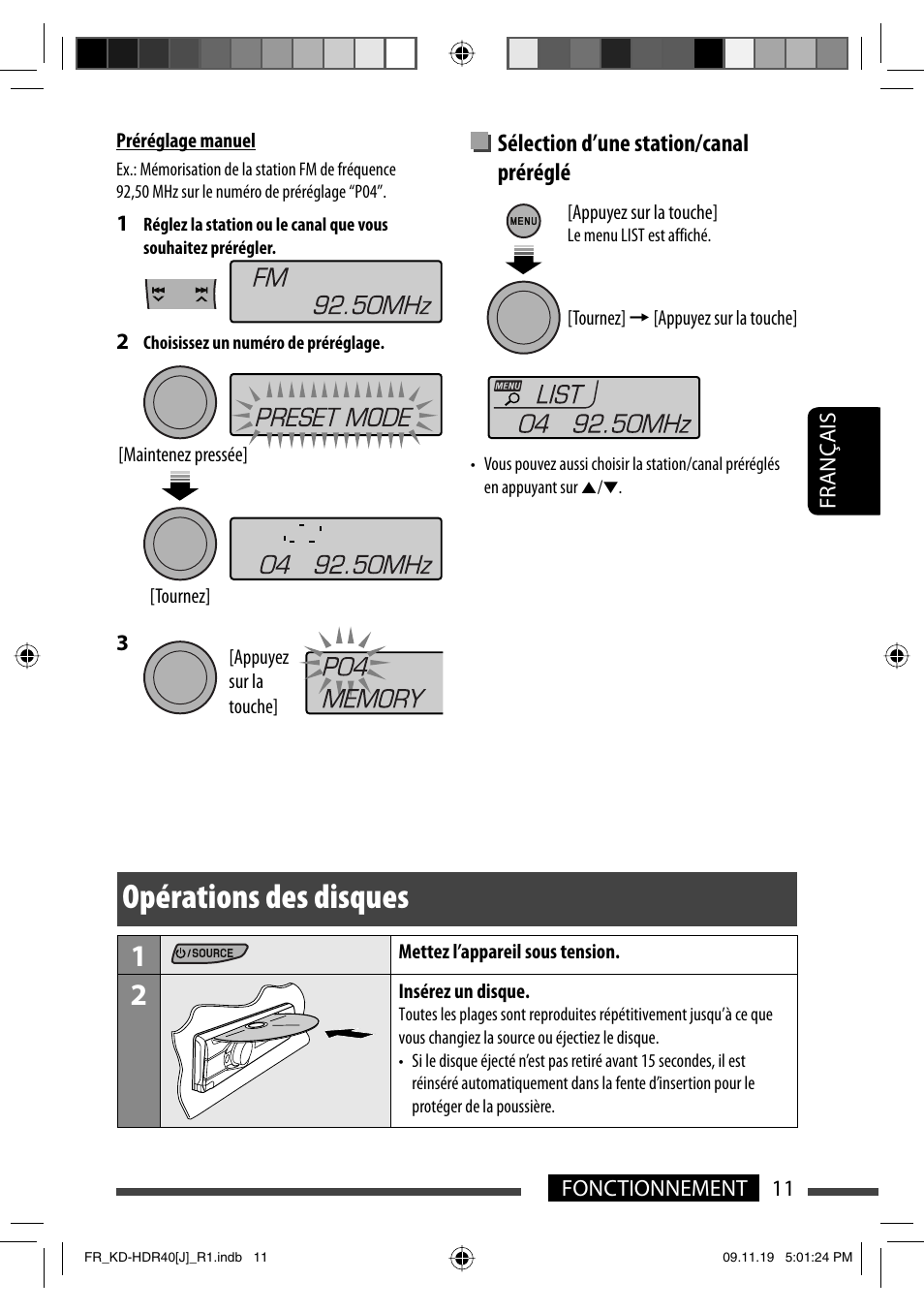 Operations des disques, Opérations des disques, Sélection d’une station/canal préréglé | JVC LVT2088-001B User Manual | Page 75 / 100