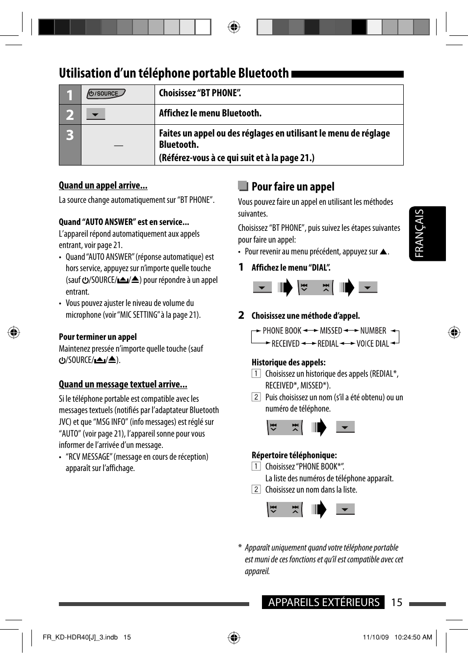 Utilisation d’un telephone portable bluetooth, Utilisation d’un téléphone portable bluetooth, Pour faire un appel | JVC LVT2088-001B User Manual | Page 79 / 100